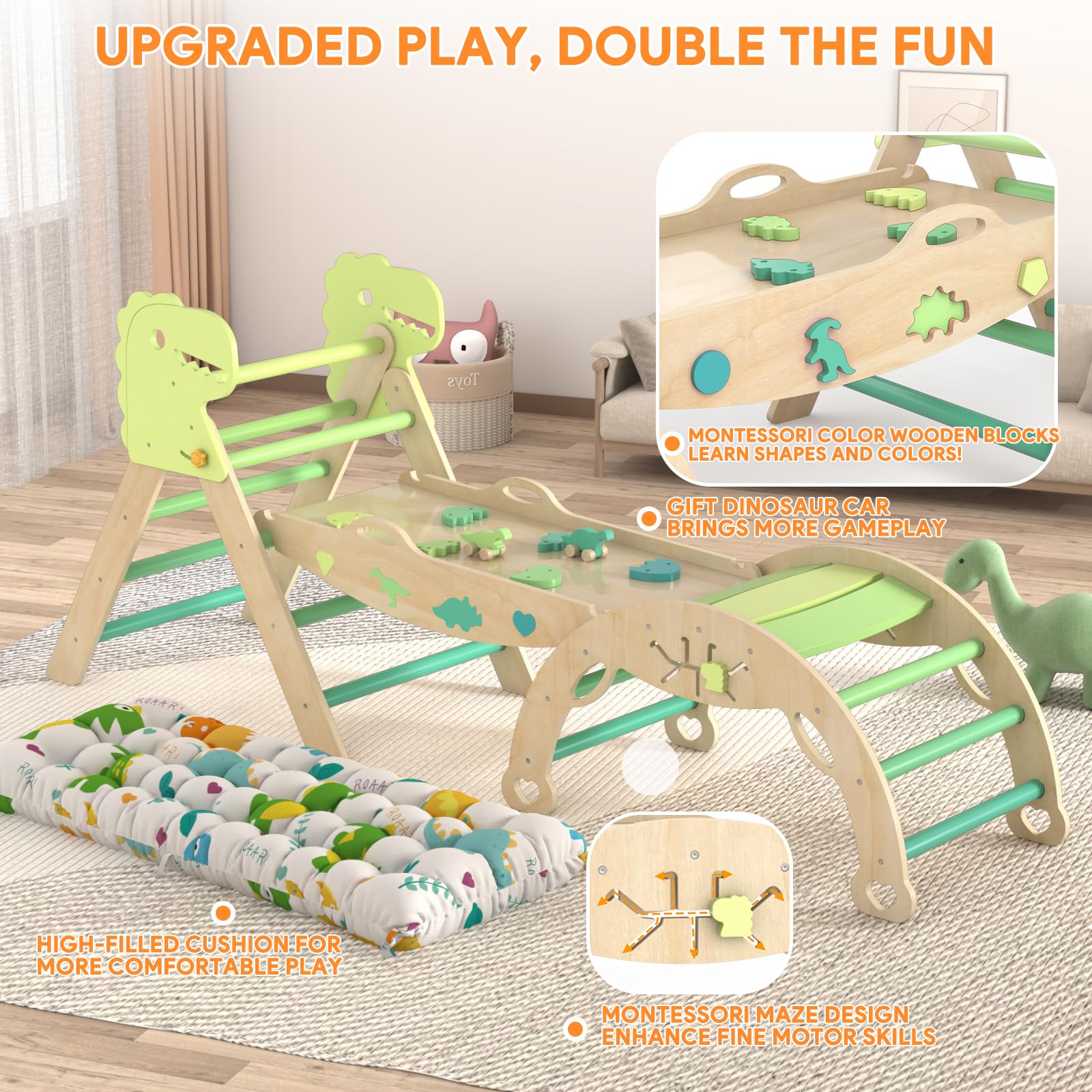 Montessori Wooden Pikler Triangle Climbing Set for Toddlers 1-3 Years - 9-in-1 Indoor Play Gym with Cushion, Maze, Shape Sorter & Dinosaur Car - Perfect for Home Playrooms, Daycares & Early Childhood Development