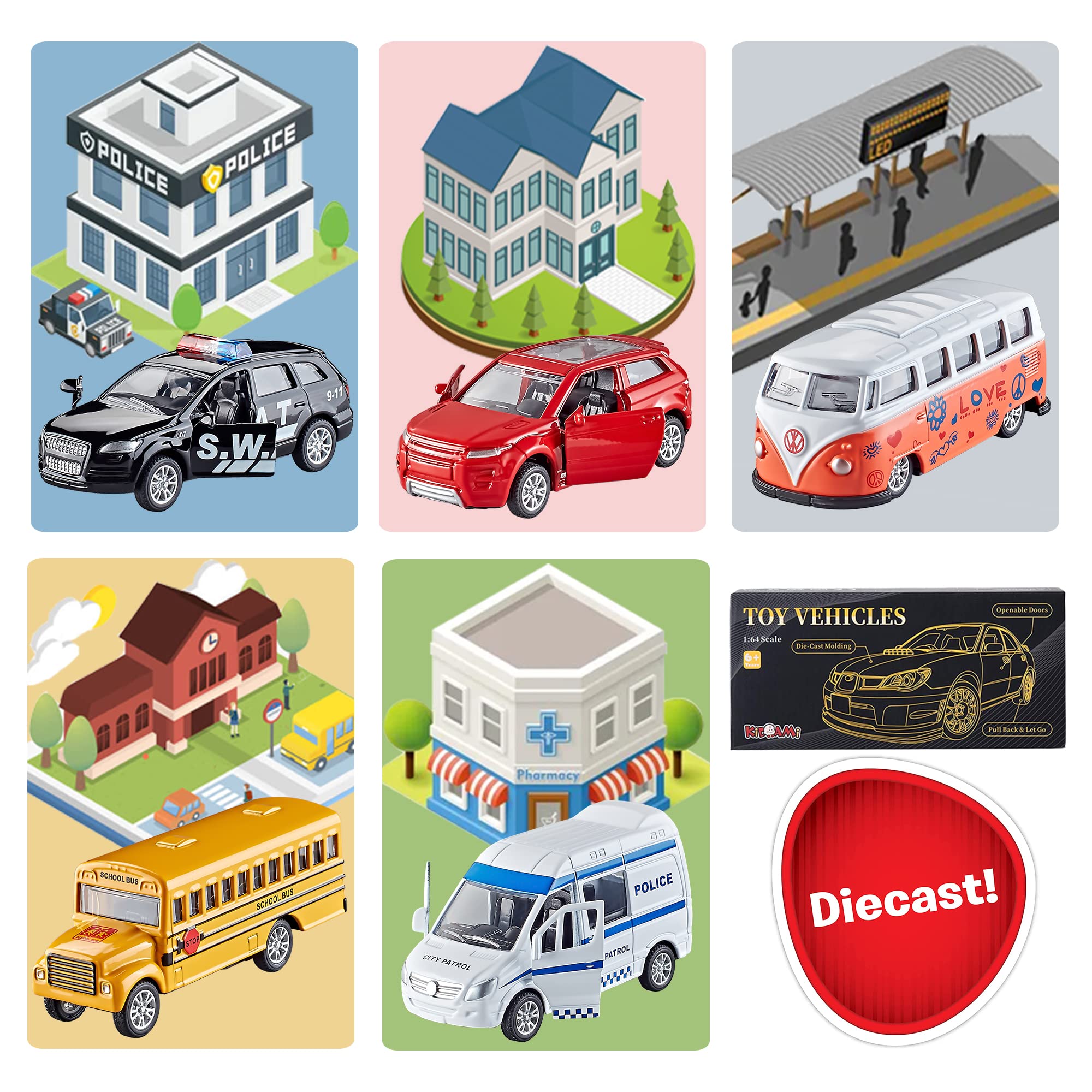 KIDAMI 5-Pack Die-Cast Metal Toy Cars with Openable Doors & Pull Back Action - Official Licensed Vehicle Collection for Kids | Birthday Gifts, Party Favors & Playtime Fun