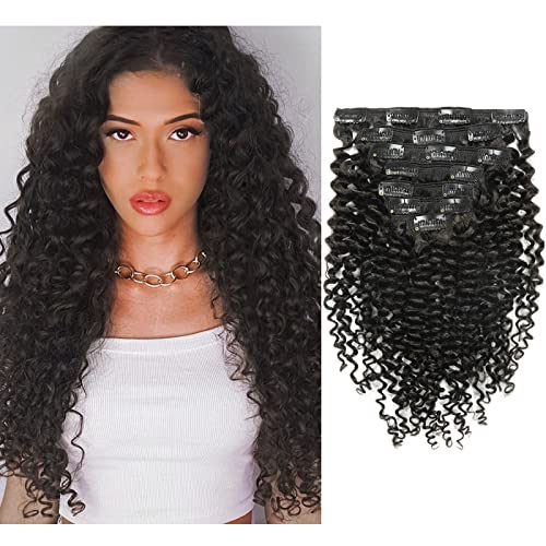Caliee 3B 3C Curly Clip-in Human Hair Extensions 22 Inch Natural Black (1B) - 120g 7pcs with 17 Clips - Jerry Curly Full Head 8A Thick End Hair Extensions for Volume & Length - Perfect for Parties, Weddings & Daily Styling