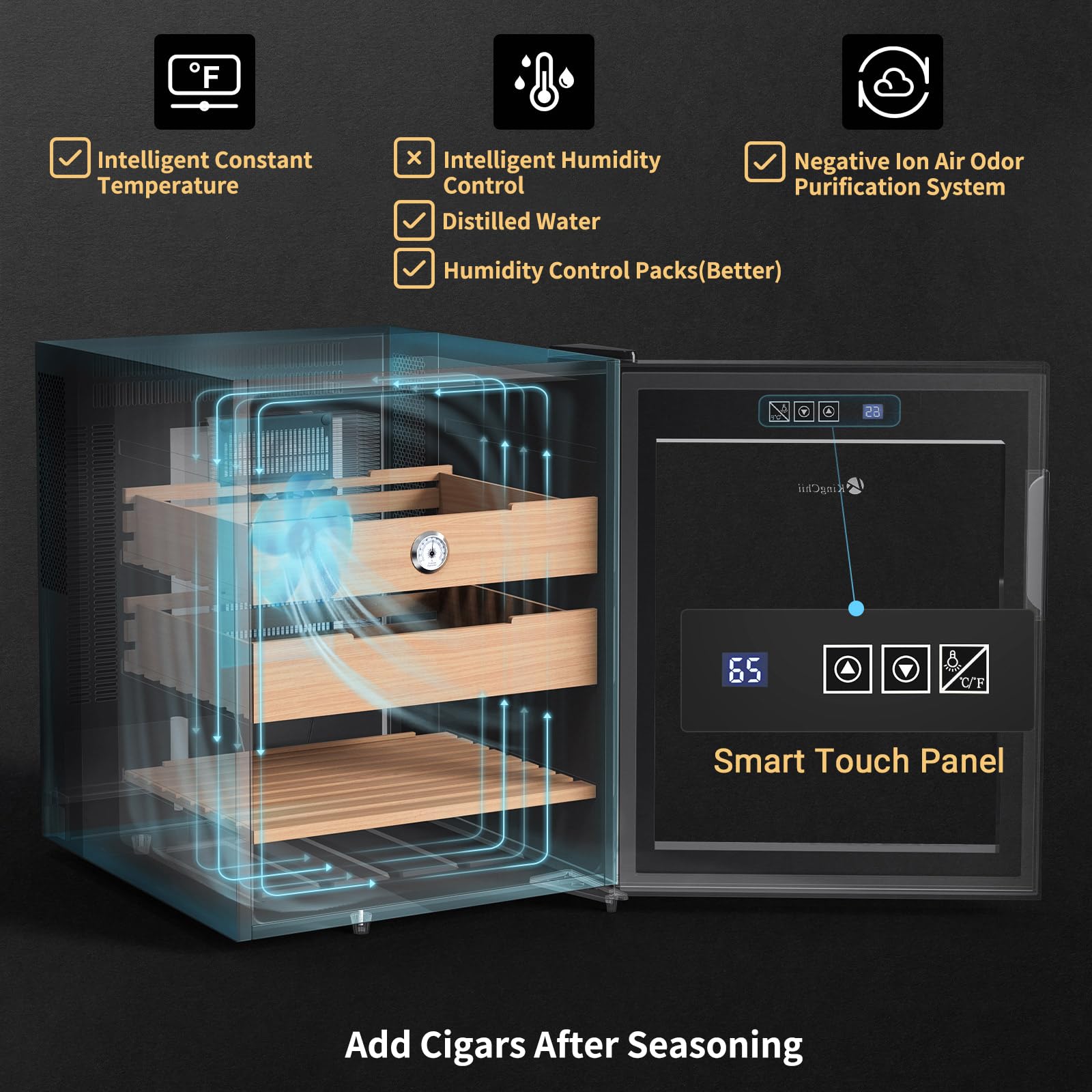 KingChii 48L Electric Cigar Humidor Cabinet with Temperature Control - Spanish Cedar Wood Shelves & Drawer Hygrometer - 350 Cigar Capacity - Perfect Gift for Men - Ideal for Home, Office & Cigar Collection Storage