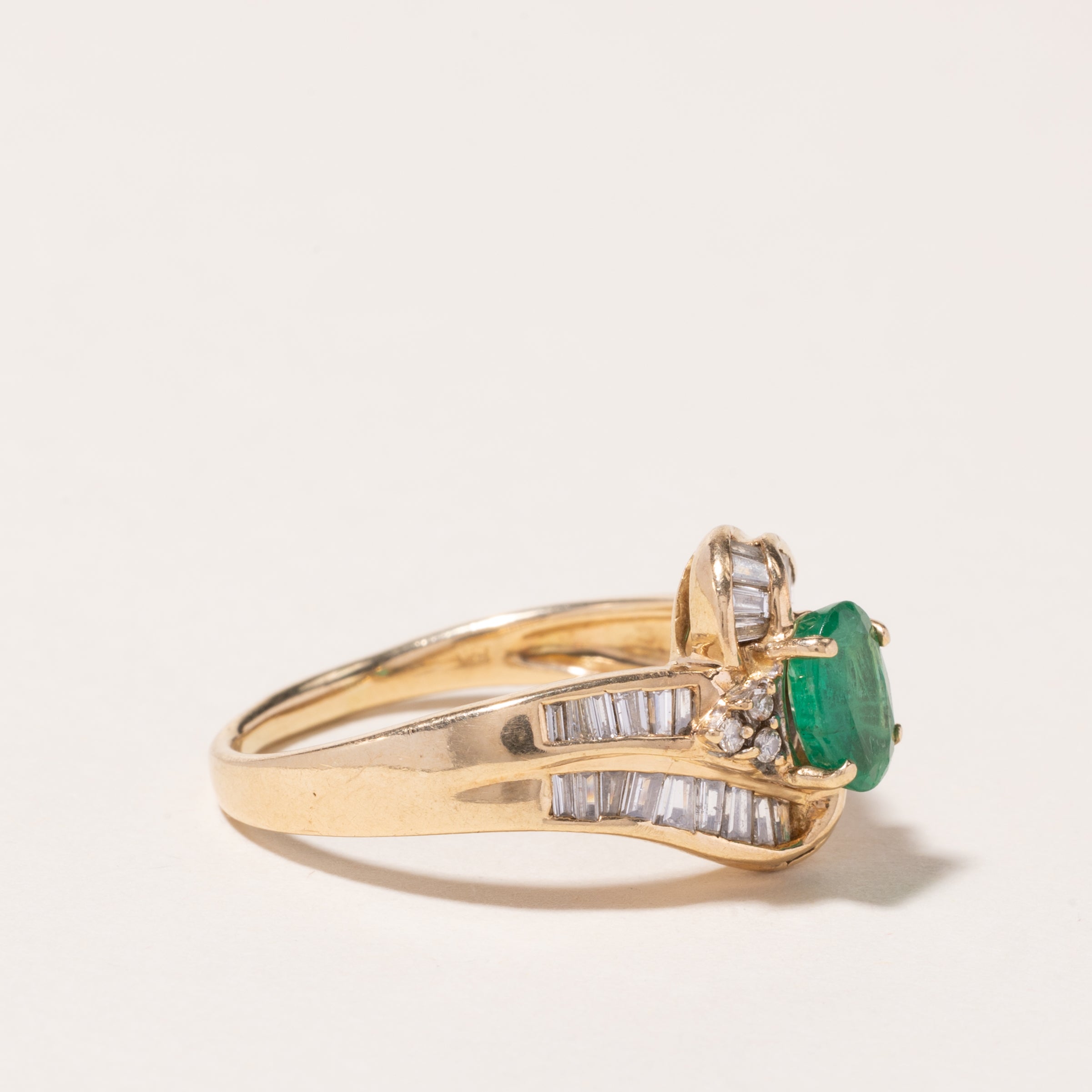 14K Yellow Gold Emerald and Diamond Bypass Ring - 0.54ct Emerald & 0.76ctw Diamonds - Size 9 - Elegant Wedding, Engagement, or Anniversary Gift for Her