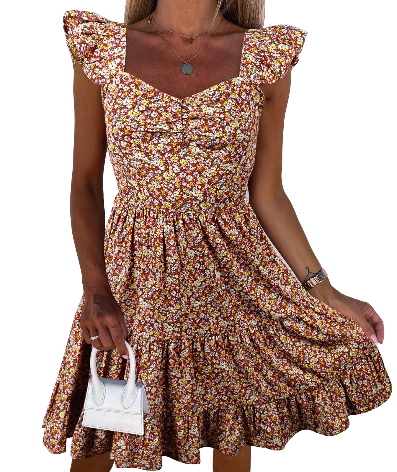 PRETTYGARDEN Women's Floral Boho Summer Dress - Ruffle Strap Backless Tiered Mini Dress for Beach, Vacation & Casual Outings