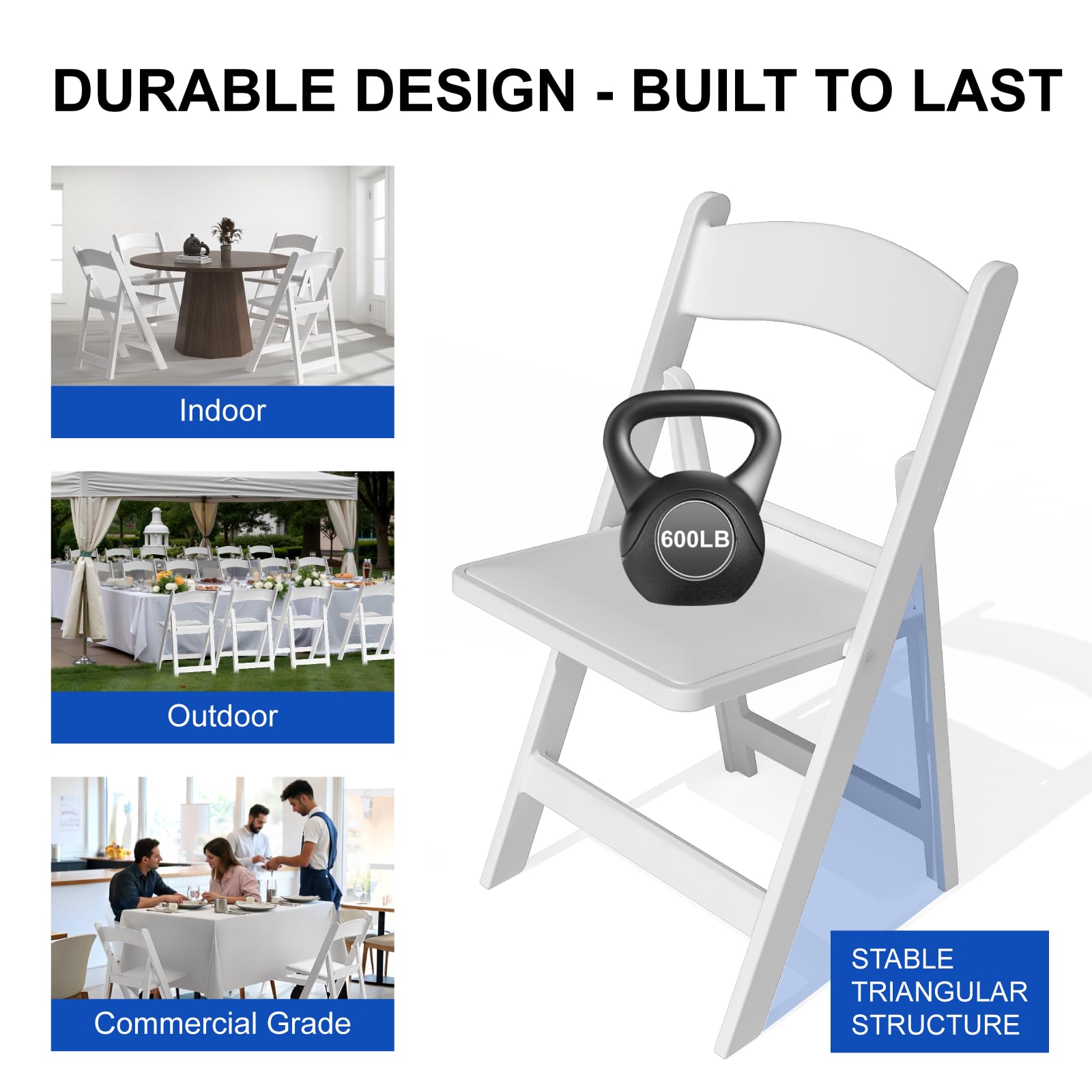 4 Pack White Resin Folding Chairs with Cushion - Lightweight Plastic Foldable Chairs for Wedding, Party, Home & Events - Indoor/Outdoor Use with 600lbs Capacity - Perfect for Backyard BBQs, Picnics, Banquets and Temporary Seating