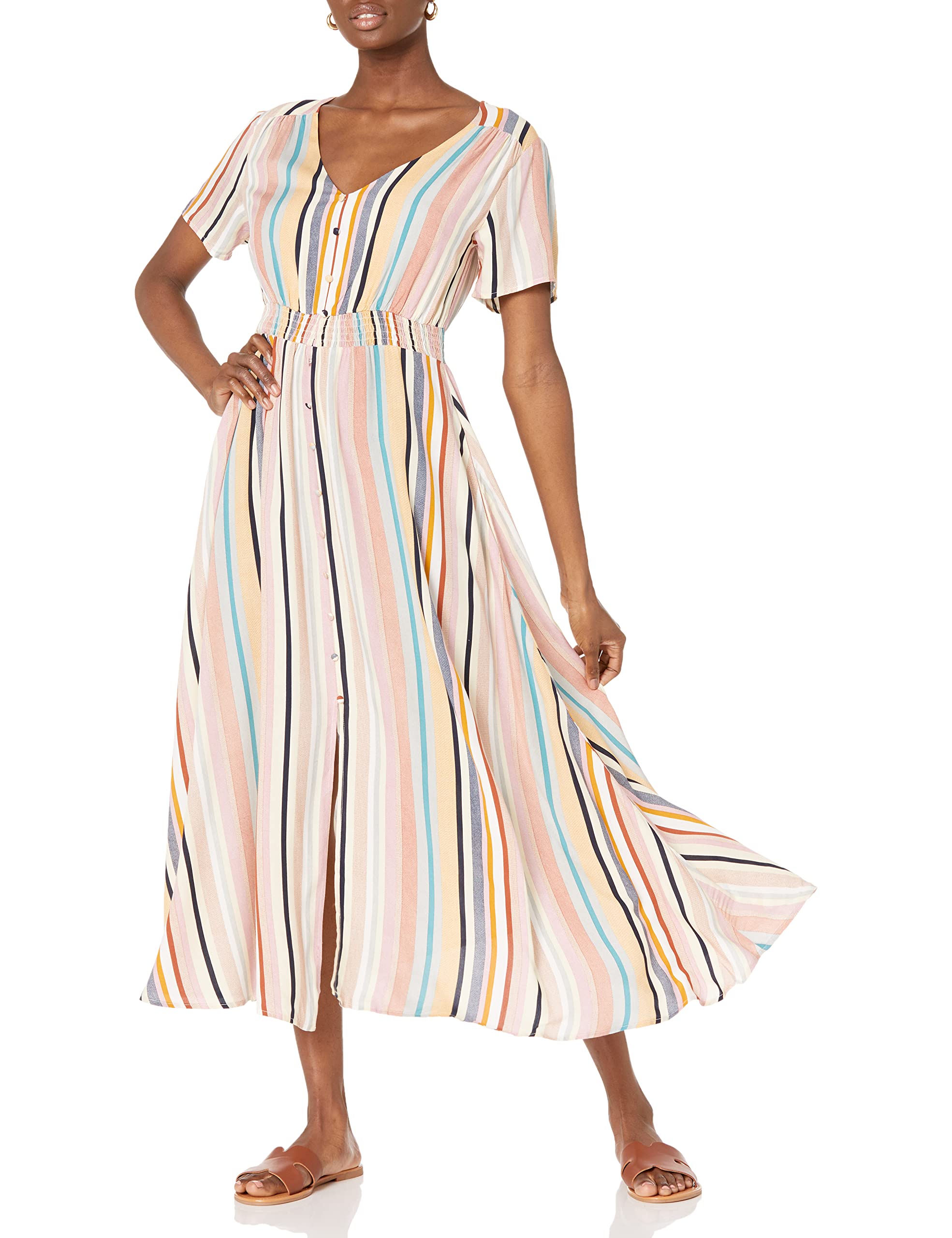 MIAMINE Women's Floral Print V-Neck Maxi Dress with Pockets & Side Slit - Casual Button Up Long Dress for Spring Fall Parties, Weddings, Beach Vacations & Date Nights