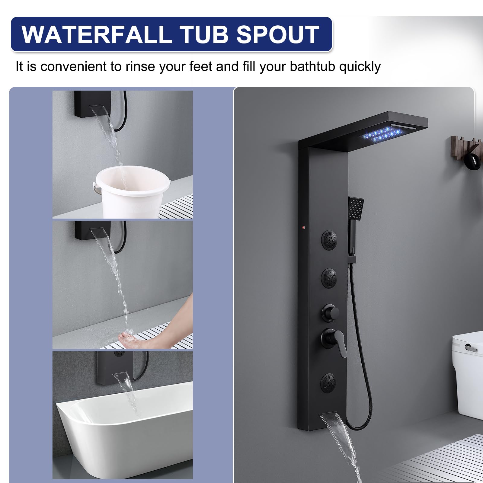 ROVATE 5-in-1 Matte Black LED Shower Panel Tower System with Rainfall Shower Head, High Pressure Waterfall Jets, Handheld Spray & Tub Spout - Luxury Stainless Steel Shower System for Spa-Like Bathroom Experience