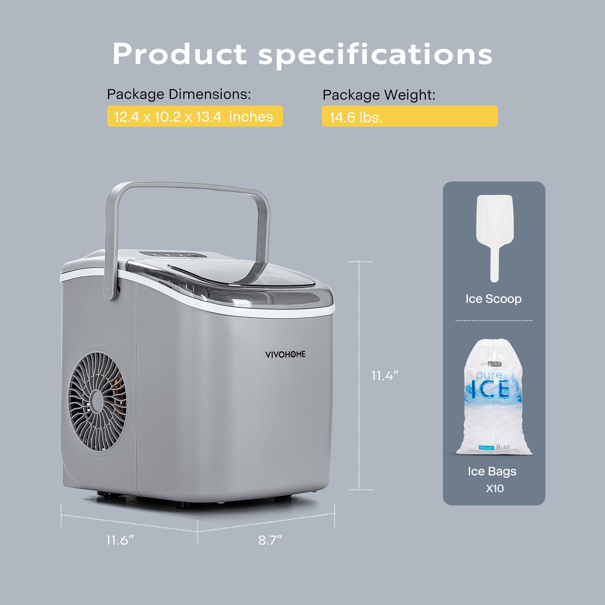 VIVOHOME 26lbs/Day Portable Ice Maker Machine - Compact Countertop Automatic Ice Cube Maker with Self-Cleaning Function, Scoop & 10 Ice Bags - Perfect for Home, Office, RV, Boat & Outdoor Parties (Silver)