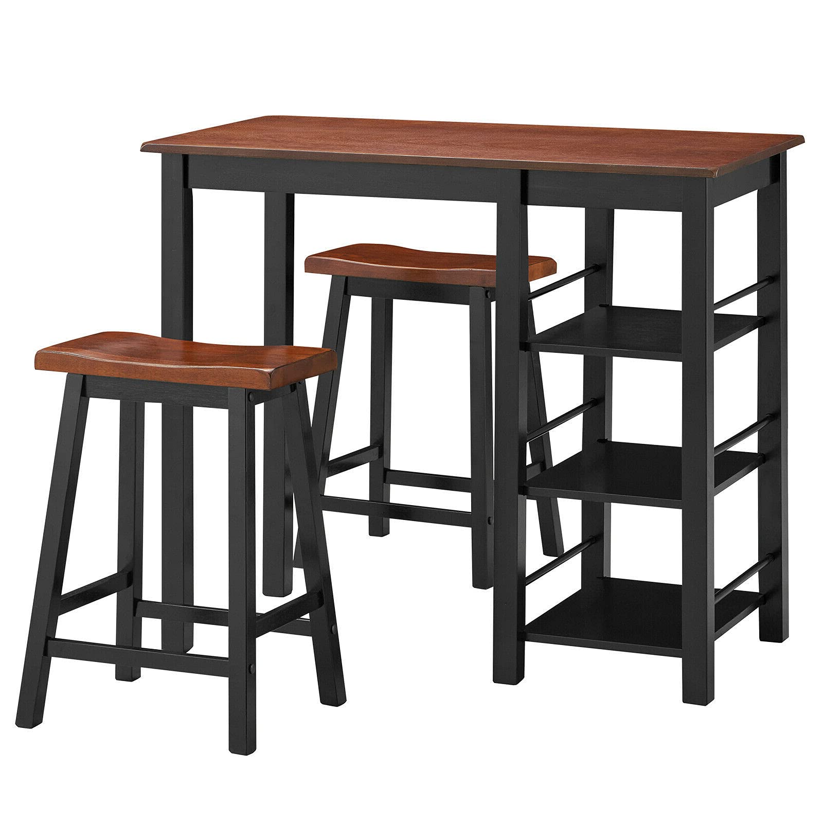 3-Piece Counter Height Dining Table Set with 2 Stools & 3-Tier Storage Shelf - Perfect for Kitchen, Dining Room, Bar or Café - Organize Wine Glasses, Dinnerware, Magazines, Snacks & Potted Plants