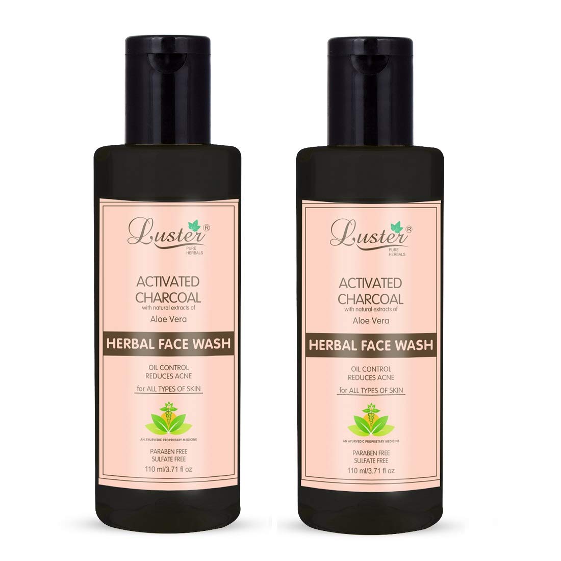 Luster Activated Charcoal Facial Cleanser with Aloe Vera Extract | Deep Pore Cleansing for Acne-Prone Skin | Oil Control & Hydration for Oily & Dry Skin | Sulfate-Free & Paraben-Free Face Wash for Men & Women | 110ml (2-Pack) | Perfect for Daily Skincare Routine & Travel