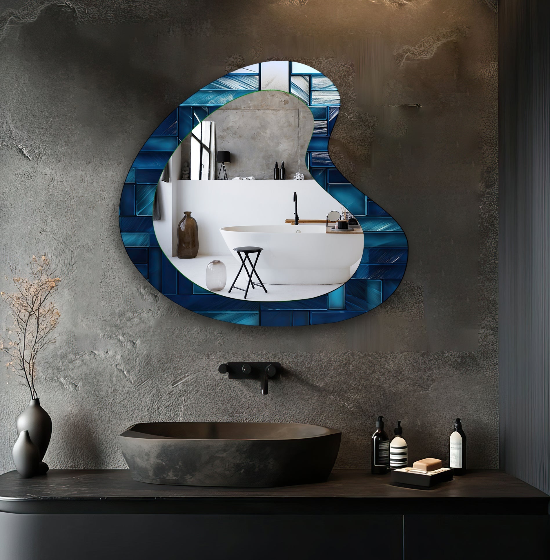 Blue Mosaic Tiles Modern Wall Mirror - Handcrafted Bathroom Vanity Mirror with Stainless Steel Frame - Perfect for Bathroom, Bedroom, and Living Room Décor