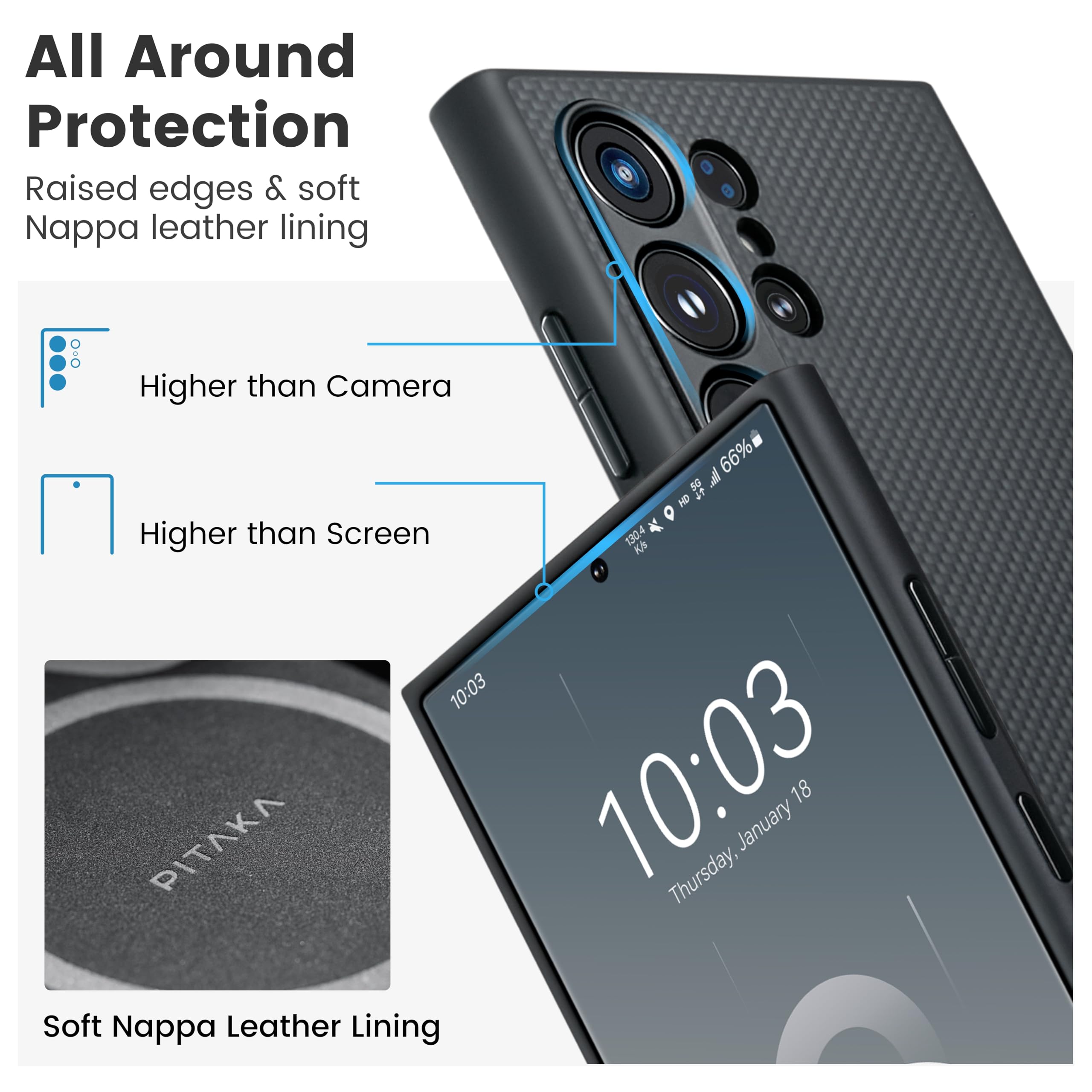 Pitaka Samsung Galaxy S24 Ultra Case 6.8 Inch - Magsafe Compatible Protective Phone Cover with 1500D Aramid Fiber - Slim Durable Black Case for Work, Travel & Everyday Use [PinButton Design]