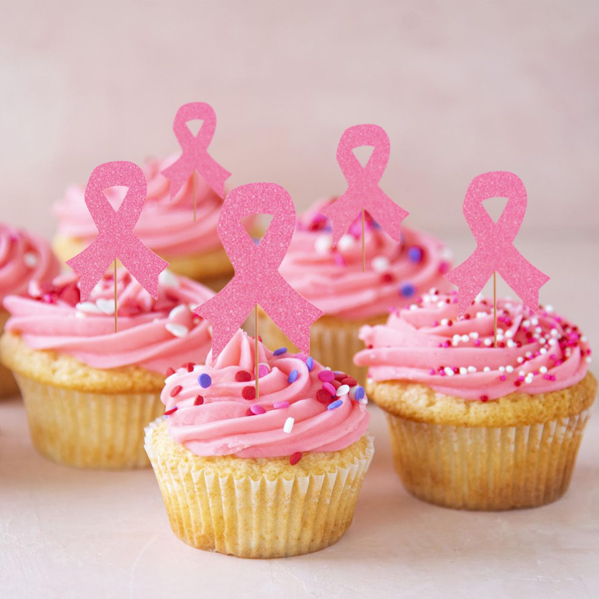 24 Pcs Pink Ribbon Breast Cancer Cupcake Toppers - Glitter Cupcake Decorations for Awareness Events, Fundraisers & Birthday Cakes - Perfect for Pink Themed Parties, Bake Sales & Survivor Celebrations