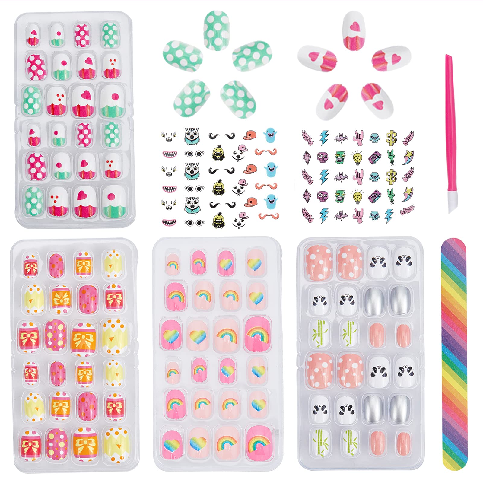 96Pcs Kids Fake Nails with Stickers - Cute Cartoon Pre-Glued Short False Nails for Girls, Safe Nail Art Decoration Kit (Style 1) - Perfect for Birthday Parties, Playdates & Dress-Up Fun