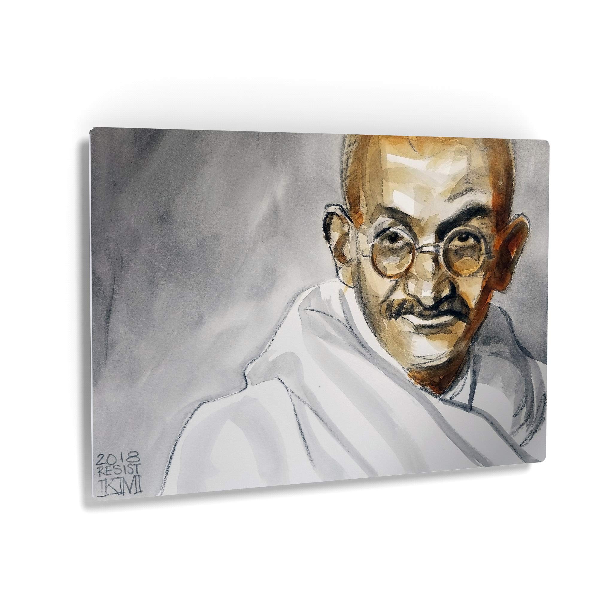 Kenney Mencher Mahatma Gandhi Portrait - Crayon & Watercolor Painting Metal Print Wall Art | 24x36 Inches | USA Made | Ready to Hang | Perfect for Living Room, Bedroom & Office Decor | Inspirational Home Artwork Gift