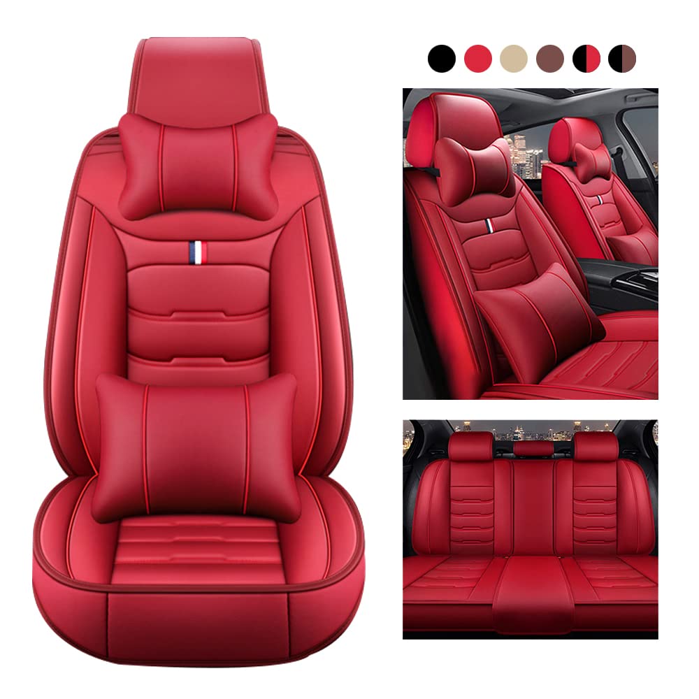 Premium Universal Leather Car Seat Covers Full Set - Waterproof Auto Seat Protectors for Sedan, Truck & SUV with Headrest & Back Pillow (Red) | Perfect for Road Trips, Commuting & Protecting Your Vehicle Interior