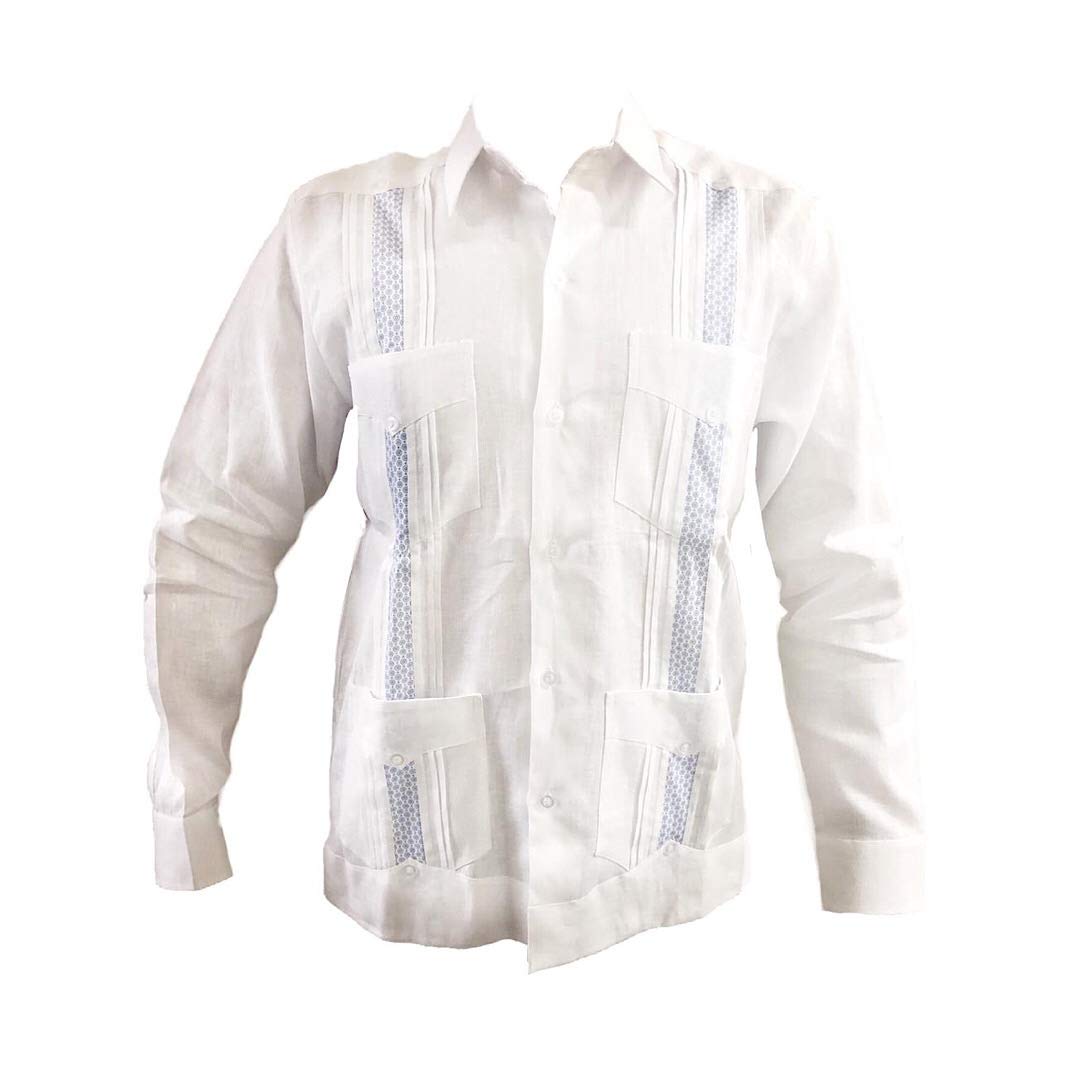 Men's Classic White Guayabera Shirt | 100% Linen Long Sleeve with 4 Pockets & Sky Blue Embroidery | Perfect for Weddings, Beach Vacations & Summer Casual Wear