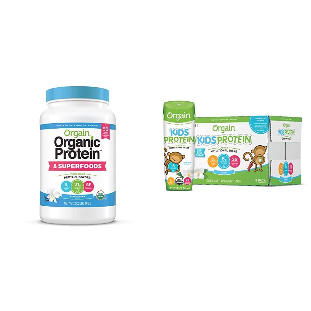 Orgain Organic Protein Powder with Superfoods, Vanilla Bean - 2.02lb | Kids Nutritional Protein Shake, Vanilla (12 Pack) - Perfect for Post-Workout Recovery & Healthy Kids Snacks