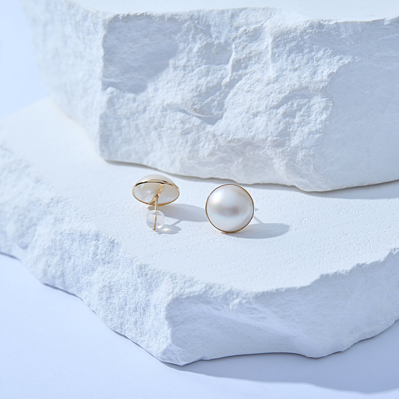 18K Gold Mabe Pearl Earrings KE00024 | Elegant Dome Stud Earrings for Women | Perfect for Weddings, Parties & Special Occasions