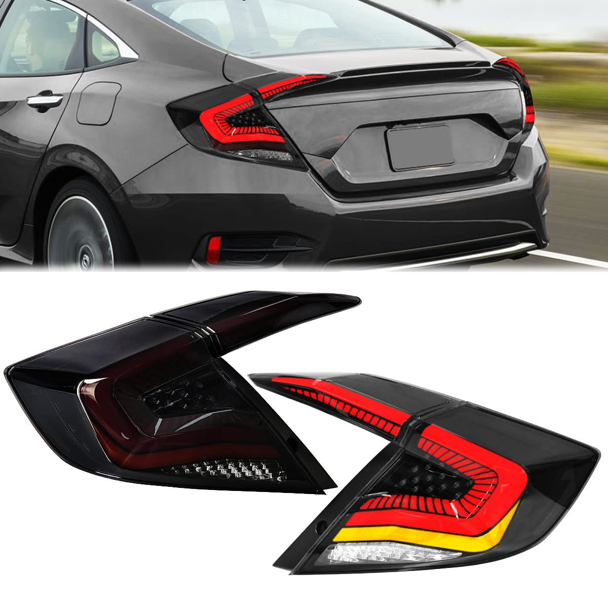 2016-2021 Honda Civic LED Tail Lights Assembly - Smoked Lens Brake Lights with Turn Signal, Starry DRL & Reverse Light | Rear Lamp Replacement for Night Driving & Car Customization