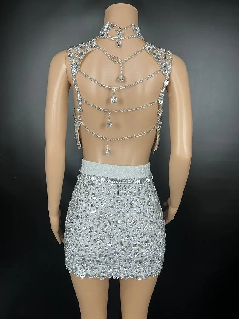 Kim Kardashian Inspired Rhinestone Chain Backless Two-Piece Dress Set for Birthday, Evening Party, Nightclub Outfit & Celebrations - Elegant & Sexy Clubwear for Women