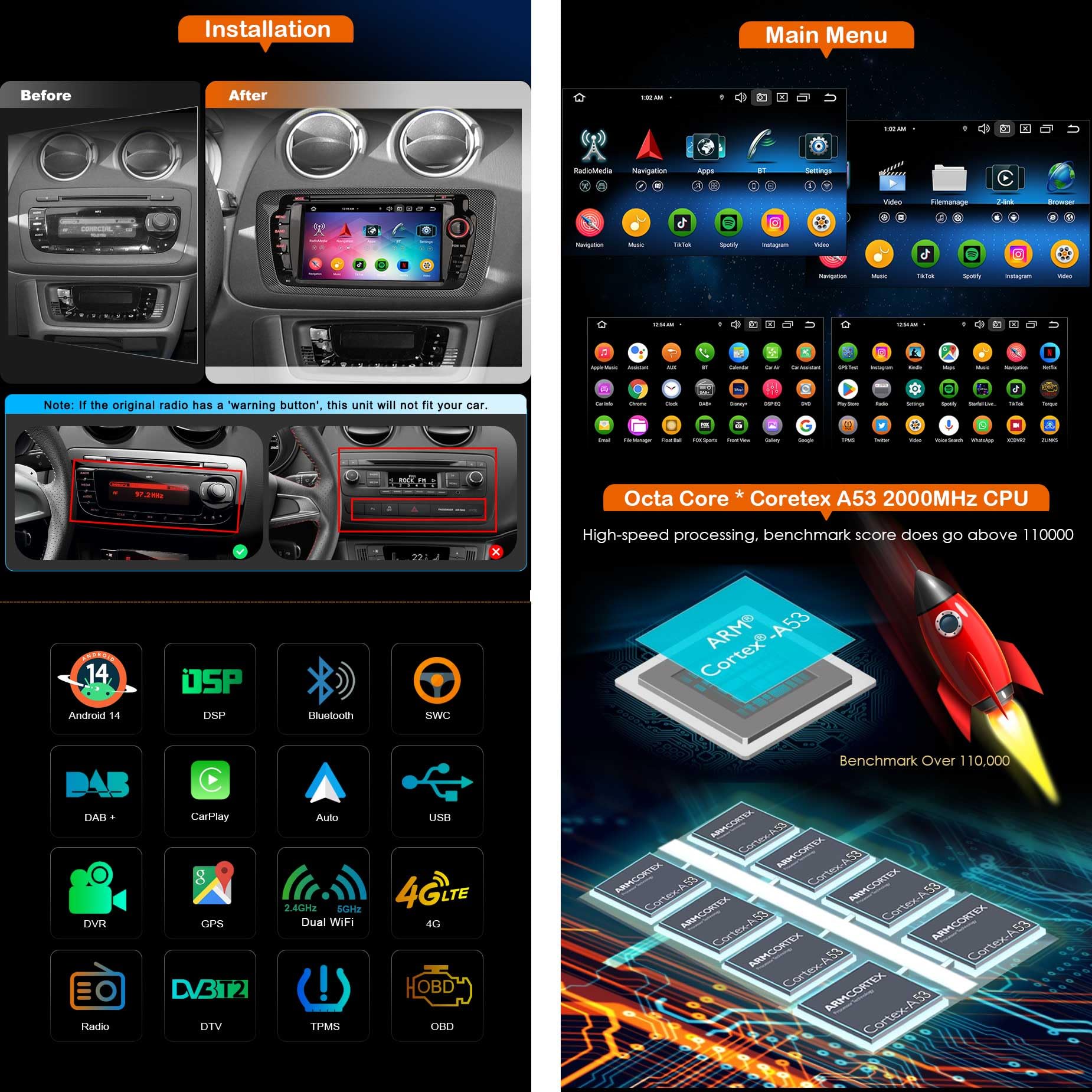 Erisin 8-Core 4GB RAM 64GB ROM Android 14 Car Stereo GPS Navigation for Seat Ibiza 2009-2013 | 7 Inch IPS Touch Screen | Wireless CarPlay & Android Auto | DSP DAB+ Bluetooth 5.0 OBD2 WiFi | Perfect for Road Trips & Daily Commutes