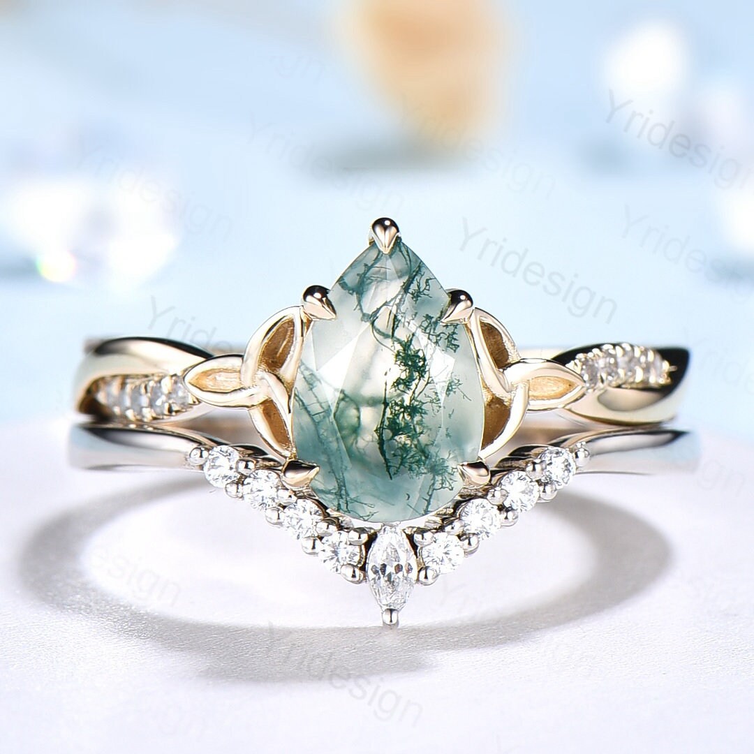Viking Style 6x9mm Pear Shaped Moss Agate Engagement Ring Set with 3/4 Eternity Twisted Infinity Moissanite & Diamond Wedding Band for Women - Perfect for Norse-Themed Weddings, Viking Lover Gifts & Unique Proposal Jewelry