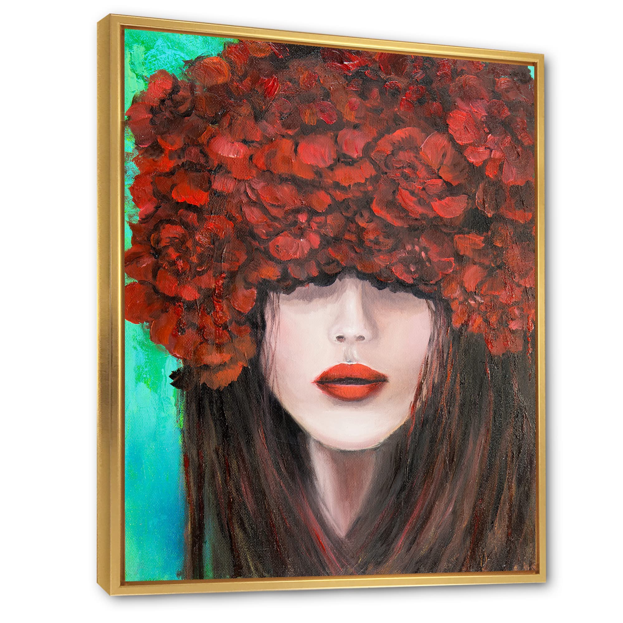 DesignQ Modern Framed Canvas Wall Art - Portrait of Young Woman with Red Flowers, Home Decor for Living Room, Bedroom & Office