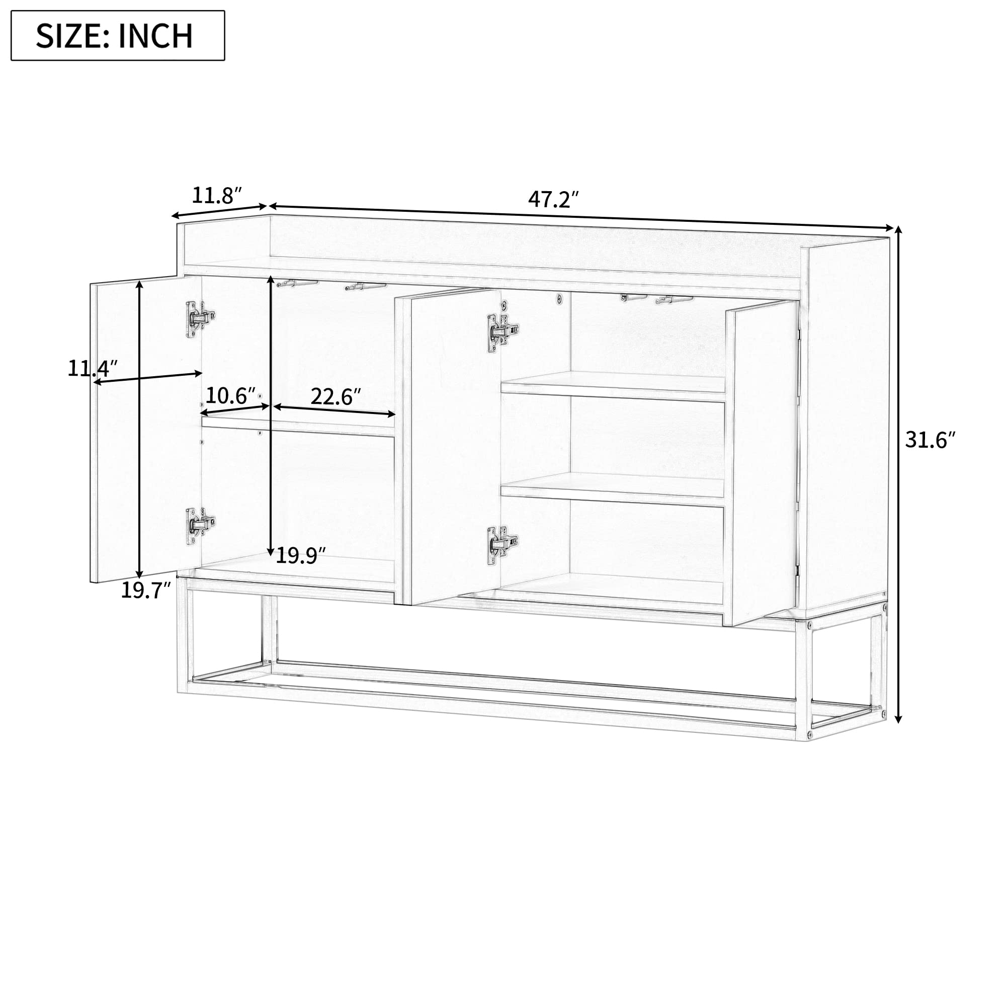 Modern White Sideboard Console Table with Metal Legs & Adjustable Shelf, Elegant Buffet Cabinet for Dining Room, Living Room, Entryway Storage Solution