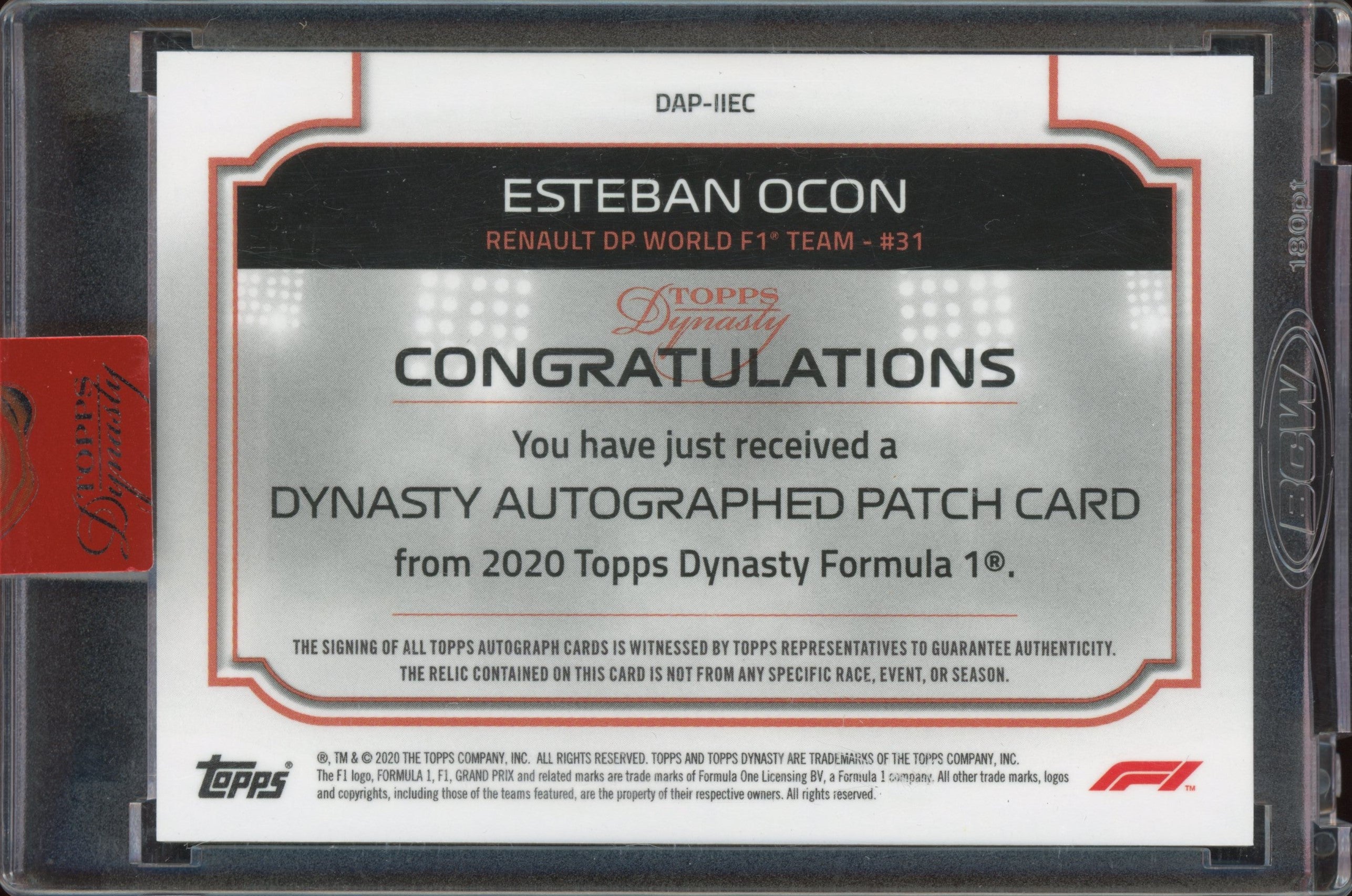 2020 Topps Dynasty F1 Esteban Ocon #DAP IIEC Auto Patch - Limited Edition Formula 1 Racing Collectible for Display & Investment (10 Available) - Perfect for F1 Fans, Memorabilia Collectors, and Sports Card Enthusiasts