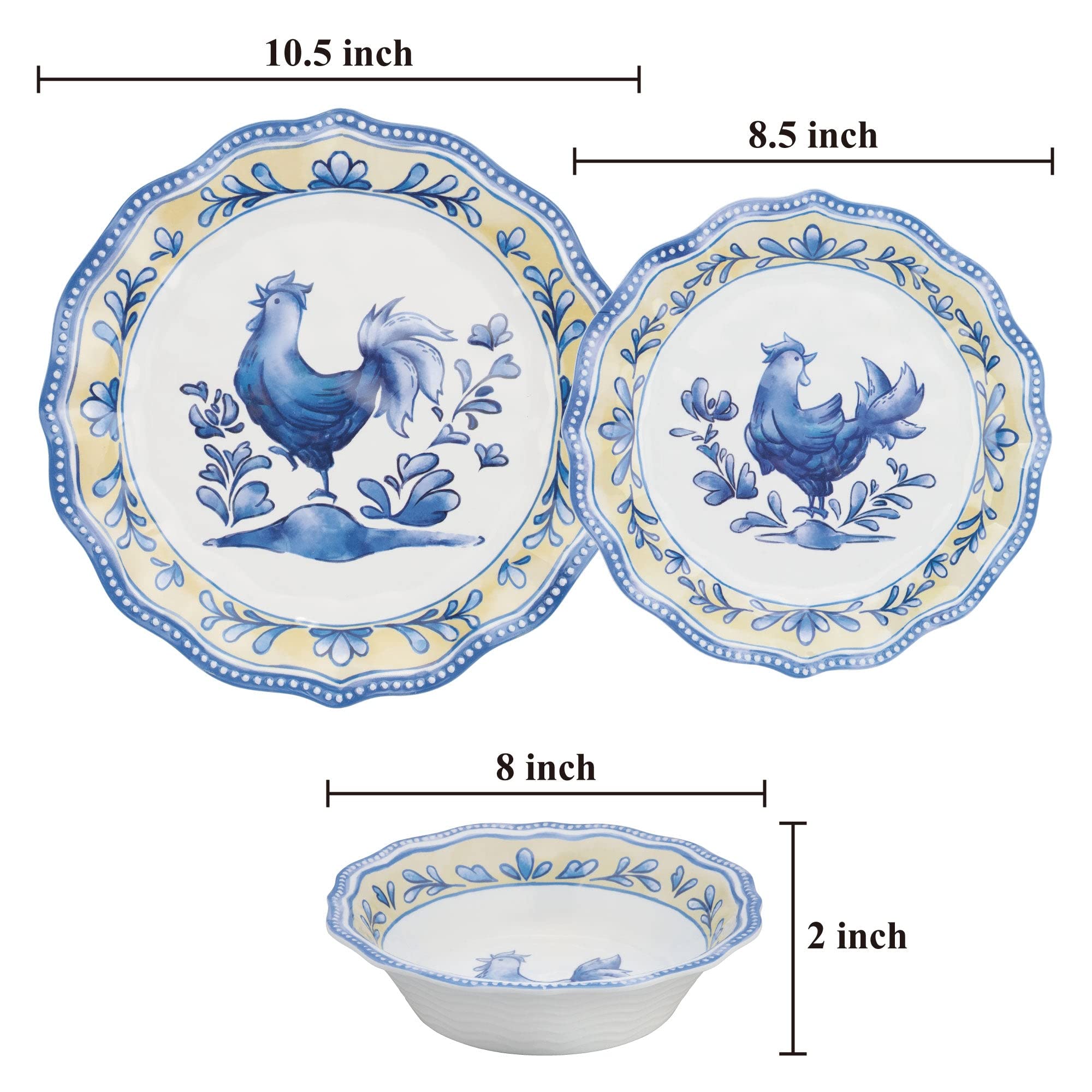 UPware 12-Piece Blue Rooster Melamine Dinnerware Set - Durable Outdoor Dishes, Plates & Bowls for 4 - Shatterproof & Lightweight for Picnics, Camping, and Patio Dining