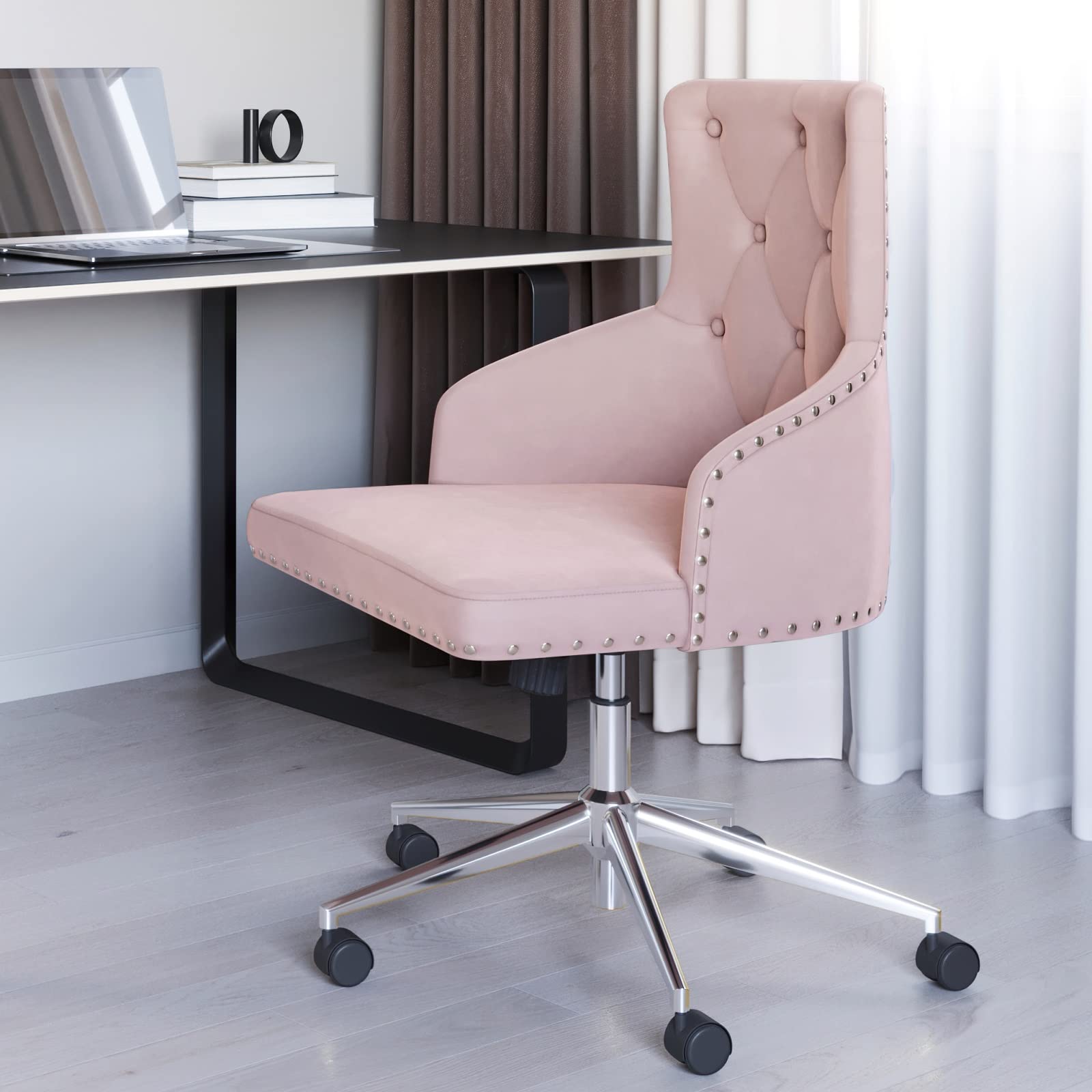 BELLEZE Modern Velvet Desk Chair with Adjustable Height - Pink Tufted Upholstered Swivel Office Chair with Wheels for Home Office, Bedroom Vanity or Study Room | Ergonomic Computer Chair for Work, Gaming & Makeup Station