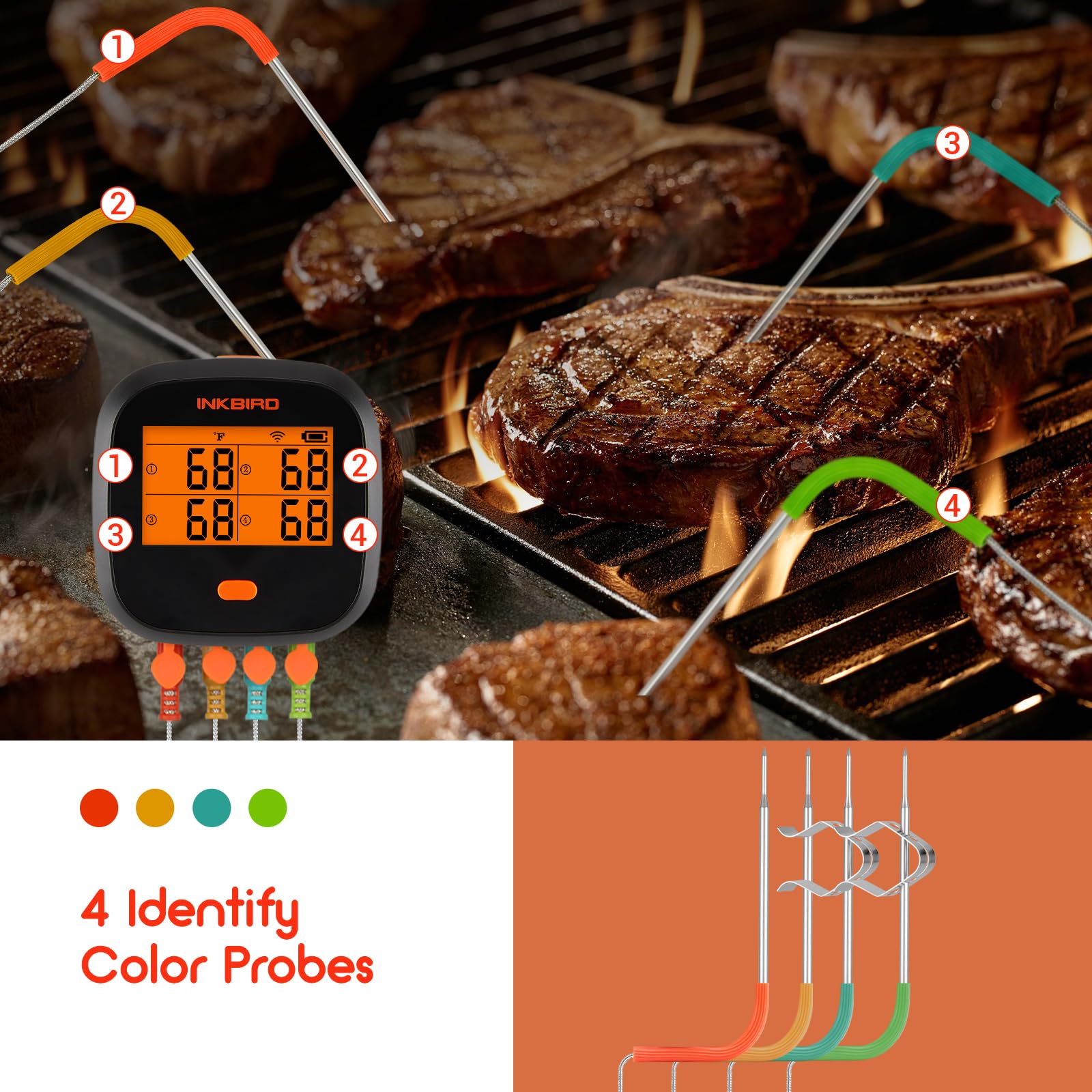 INKBIRD IBBQ-4T WiFi Meat Thermometer with 4 Color Probes - Wireless BBQ Thermometer with App Control, Temperature Graph, Alarm & Timer - Rechargeable for Grilling, Smoking, Roasting & Kitchen Cooking