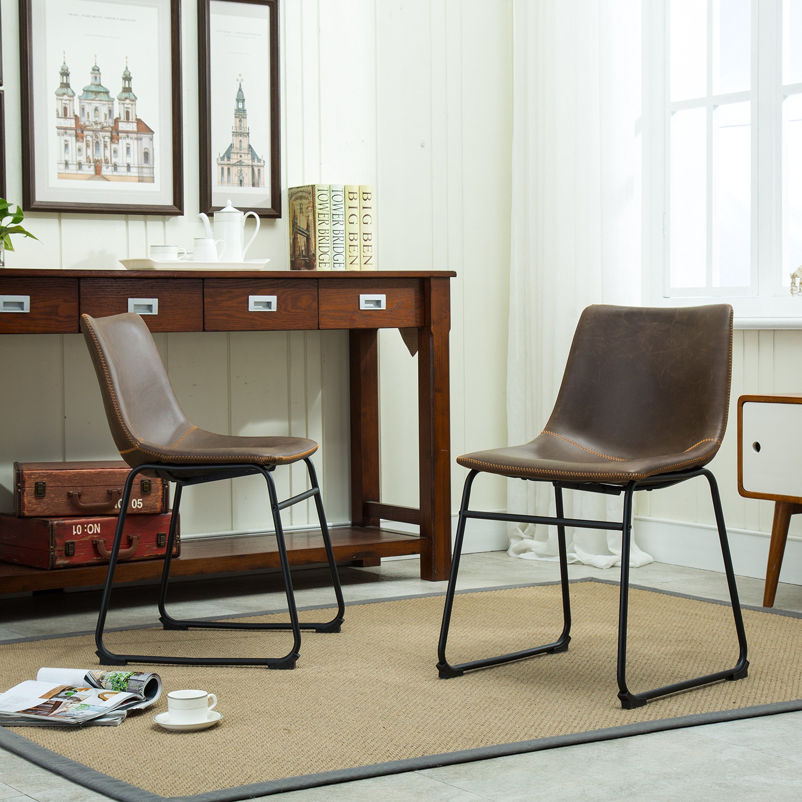 Roundhill Furniture Lotusville PU Leather Dining Chairs Set of 2 - Brown Modern Kitchen Chairs for Dining Room, Breakfast Nook & Small Spaces