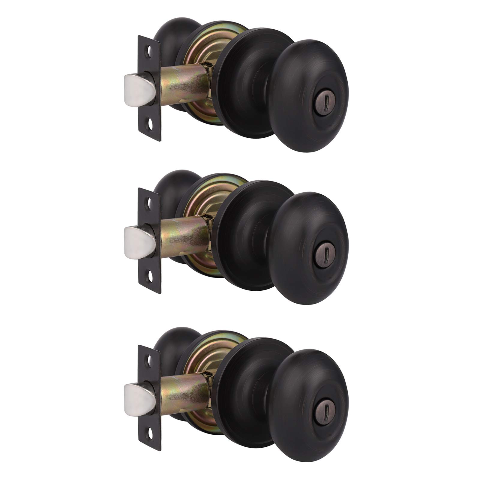 Probrico 3-Pack Oval Egg Shaped Privacy Door Knobs - Oil Rubbed Bronze Interior Door Handles with Lock for Bedroom, Bathroom & Closet - Stainless Steel Construction for Durability (Perfect for Home Privacy & Security Needs)