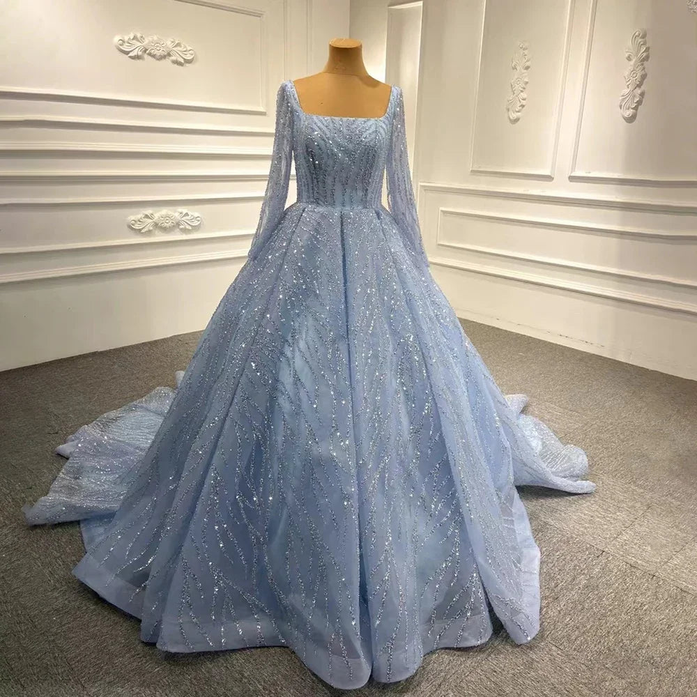 Serene Hill Blue Luxury Beaded Sleeveless Lace-Up Wedding Dress 2025 | Custom Made Bridal Gown HM67331 | Perfect for Beach, Church & Formal Weddings
