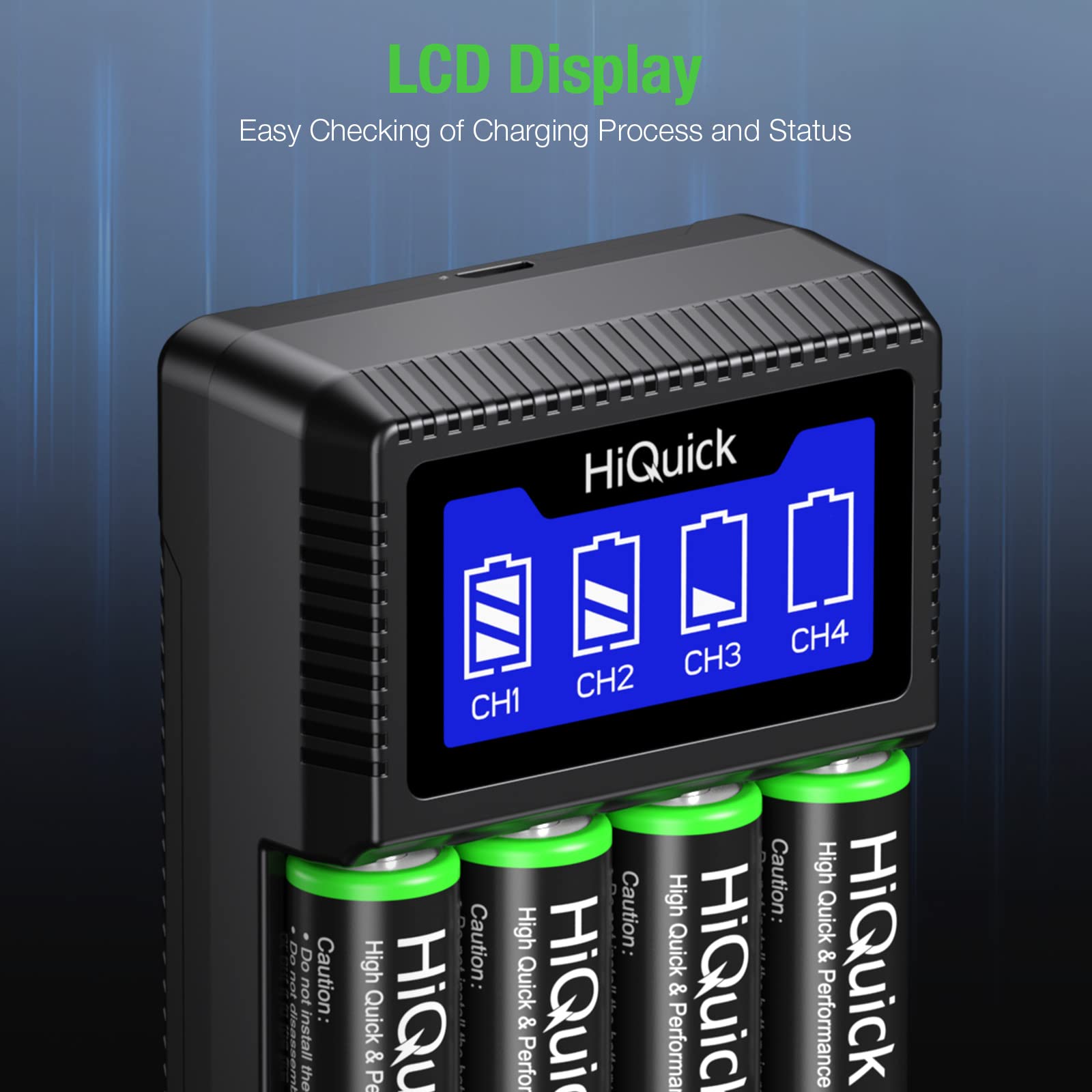 HiQuick 4 Bay AA AAA Battery Charger with Smart LCD Display - Fast USB Charging for NiMH NiCD Rechargeable Batteries (1.2V AA/AAA) - Perfect for Home, Office, Travel & Emergency Kits (USB Cable Included)