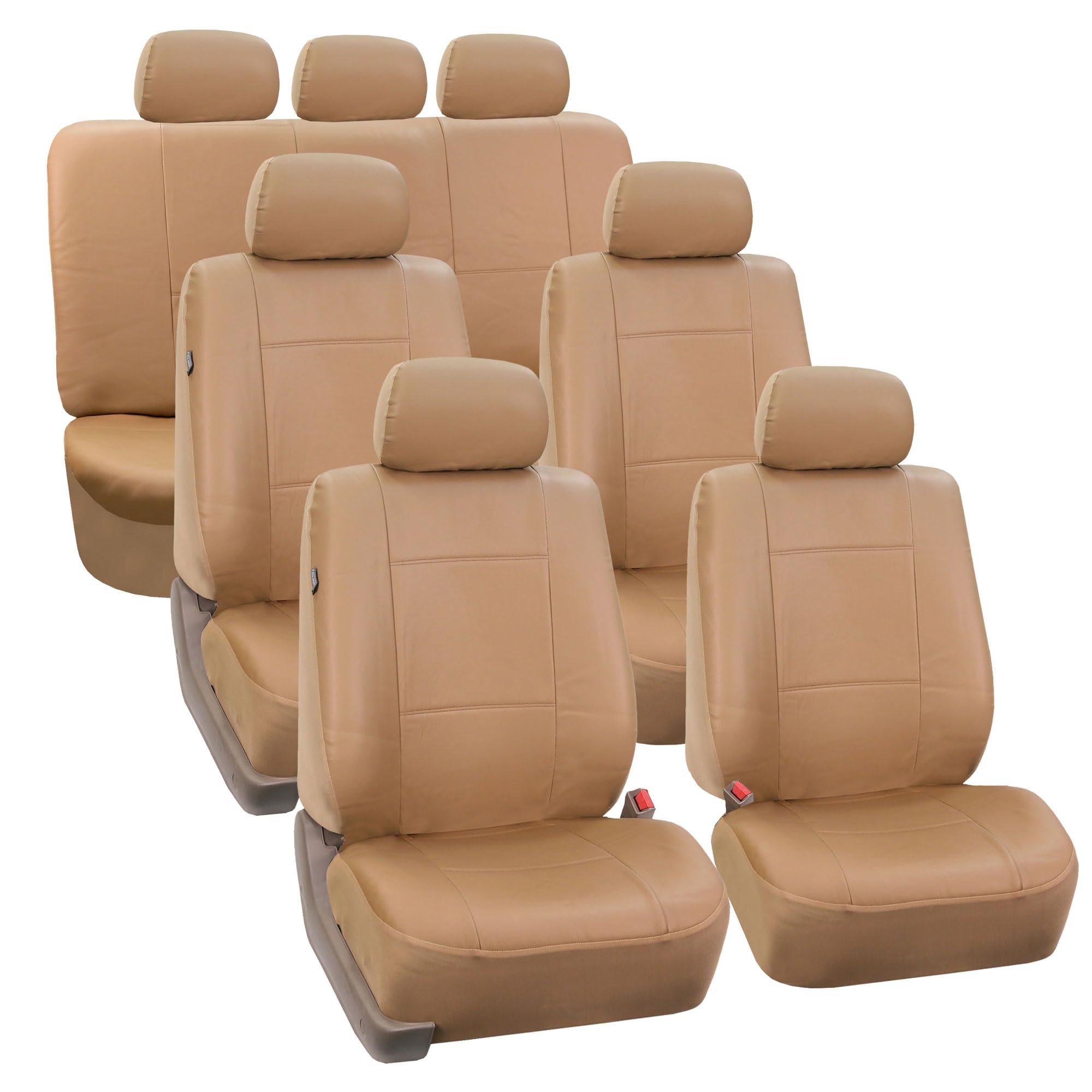 FH Group PU Leather Car Seat Covers - 3 Row 7 Seater Universal Fit for Most Cars, Trucks, SUVs & Vans | Airbag Compatible Split Bench Design | Premium Tan Color | Perfect for Family Road Trips & Daily Commute