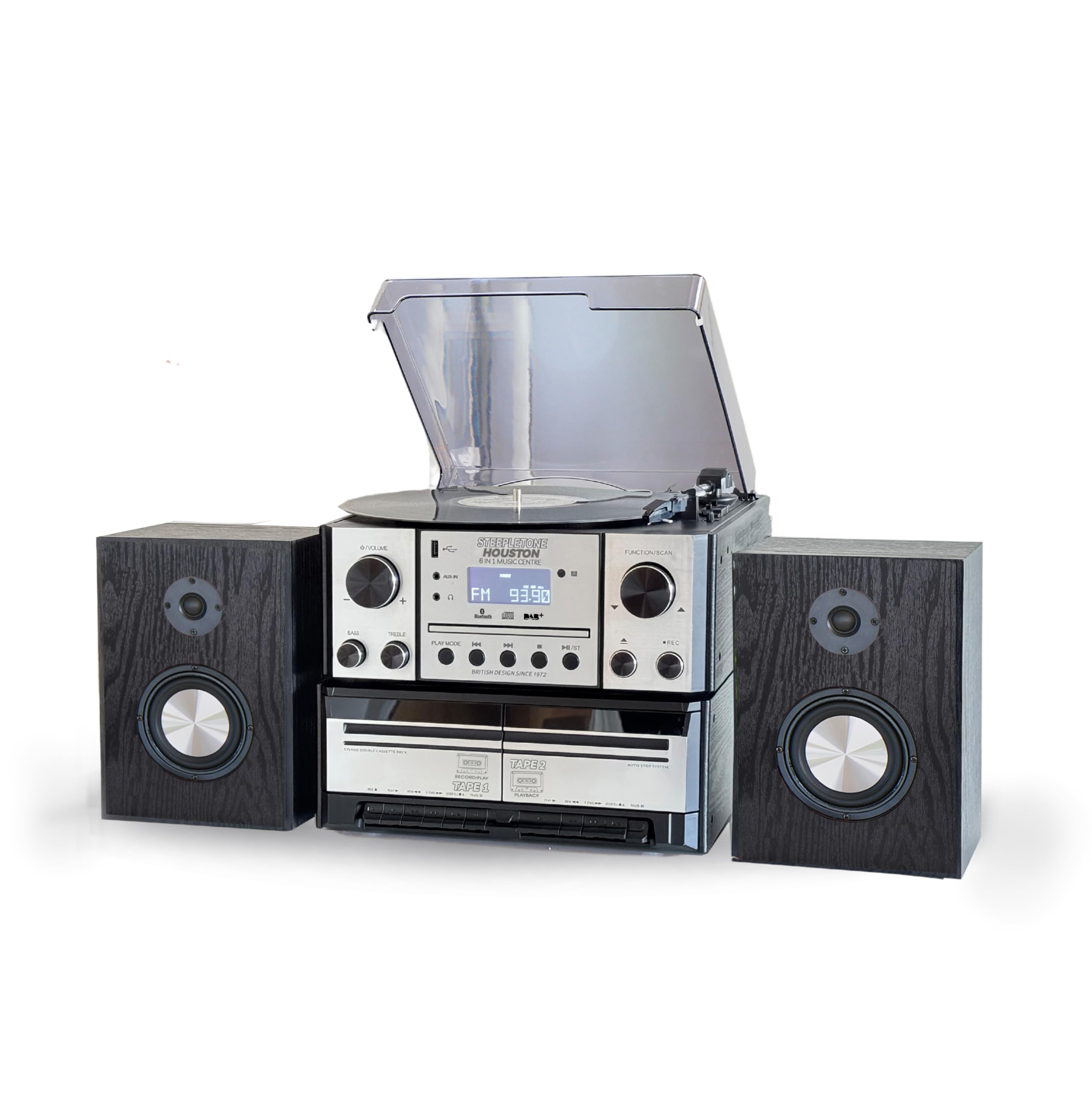 Steepletone HOUSTON Silver 6-in-1 Bluetooth Vinyl Record Player - Turntable with CD, Cassette, DAB+/FM Radio, USB MP3 Playback & Encoding | Wireless Stereo Speakers & Remote Control | Perfect for Home Entertainment, Vintage Music Lovers & Gift Giving