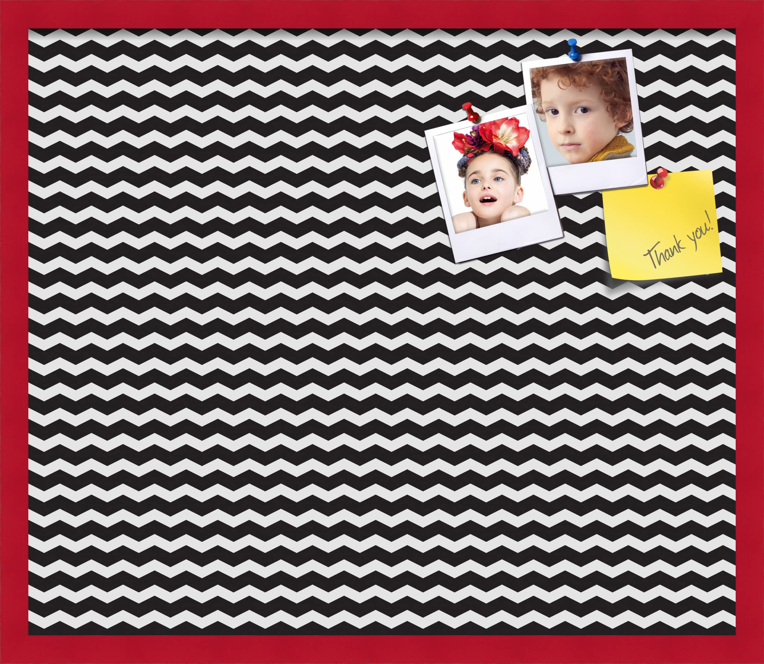 PinPix 28x24 Inch Cork Bulletin Board - Black & White Chevron Design with Red Beech Frame - Wall Mount Message Board for Home Office, Dorm Room, Classroom Organization & Decorative Display