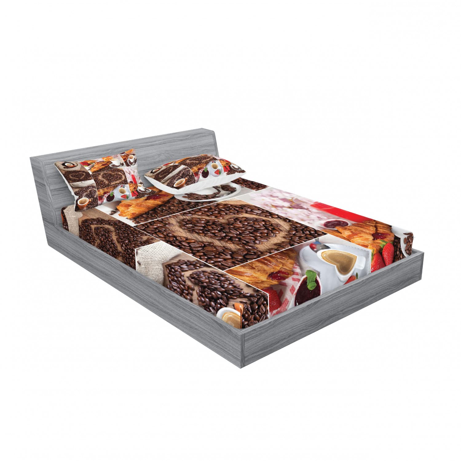 Ambesonne 2-Pack Queen Size Fitted Sheet & Pillow Sham Set - Croissant & Coffee Print 4-Piece Bedding Decor for Cozy Bedroom - Includes 2 Fitted Sheets & 4 Pillow Covers - Perfect for Home, Dorm, Guest Room & Airbnb