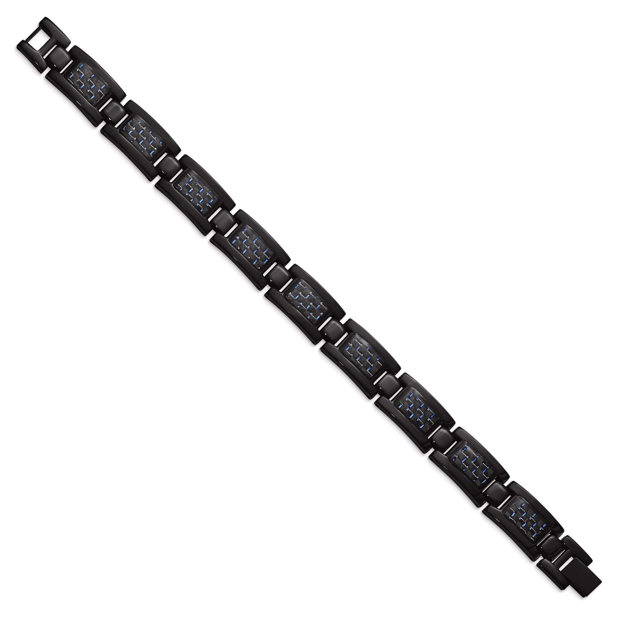 Bonyak Stainless Steel Bracelet for Men - Black IP-Plated with Blue Carbon Fiber Inlay, Polished Unisex Jewelry | Perfect Gift for Birthday, Anniversary & Formal Occasions