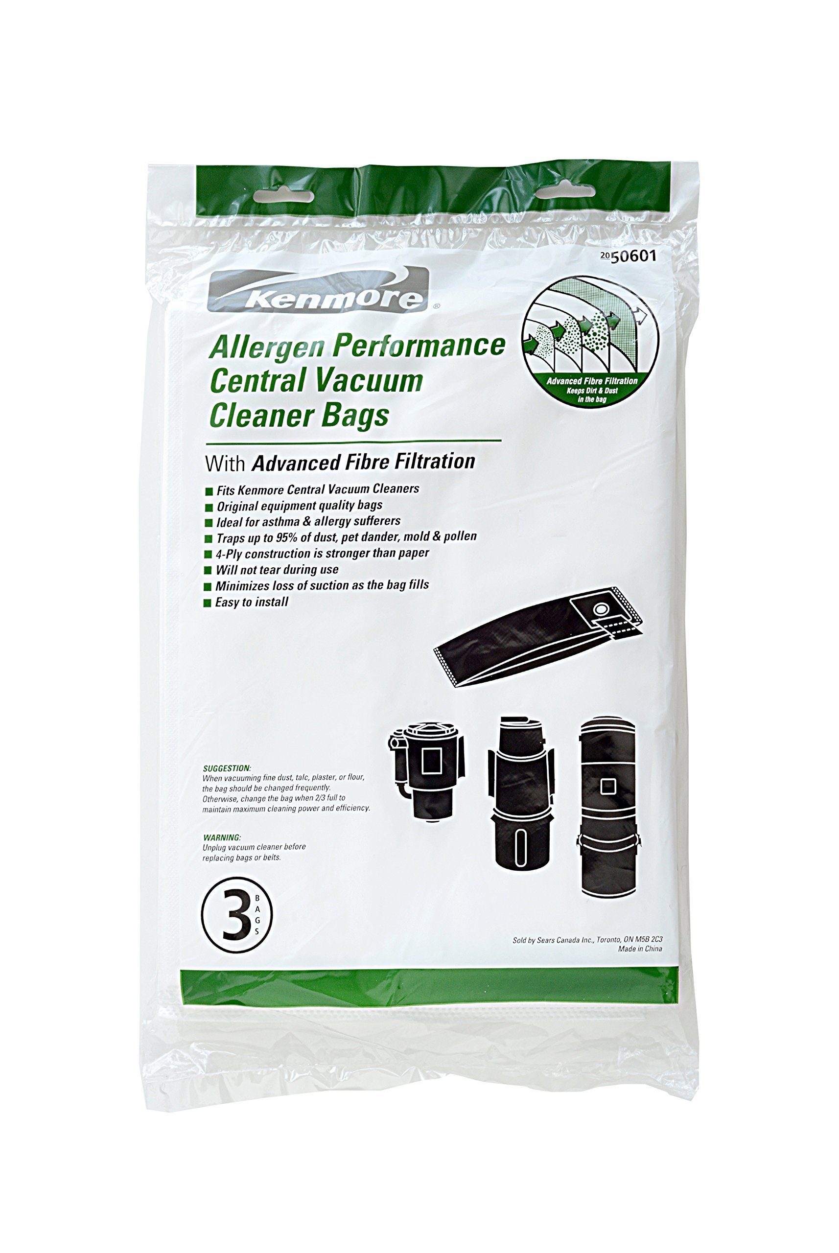 Genuine Kenmore 50601 Allergen Central Vacuum Cleaner Bags - 3 Pack | Synthetic HEPA Filtration for Dust, Pollen & Pet Hair | Perfect for Allergy Sufferers & Pet Owners