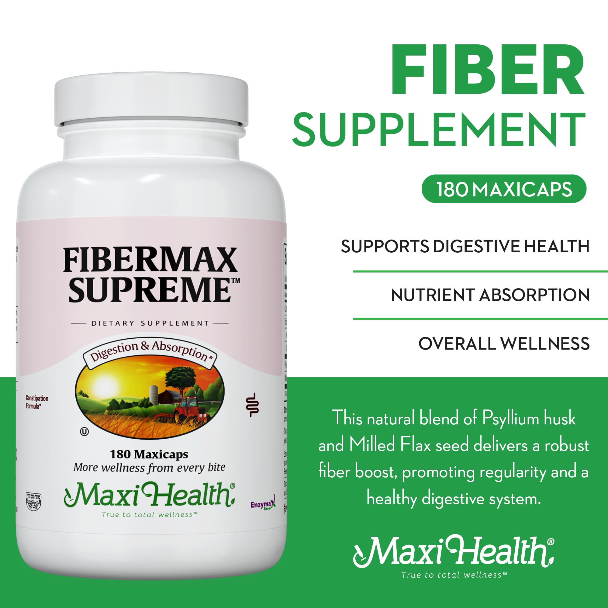 Maxi Health Maxi Fiber Kosher Daily Supplement - 1500mg Psyllium Husk Fiber Capsules for Digestive Health & Weight Management, 180 Count (Pack of 1) | Supports Regularity & Gut Health for Active Adults & Seniors