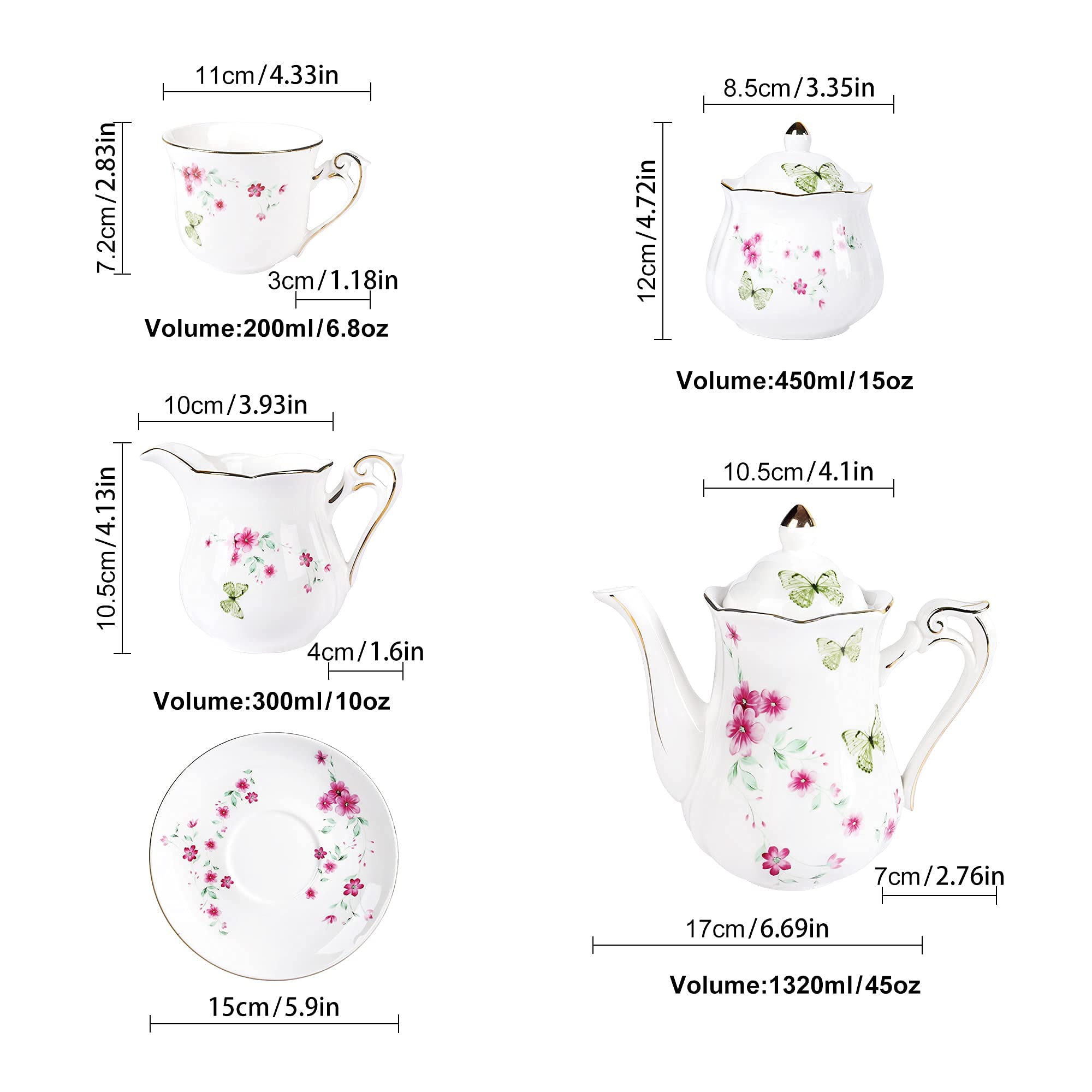 Fanquare 21-Piece Floral Butterfly Porcelain Tea Set - Spring Blossoms Tea & Coffee Service for 6, Perfect for Afternoon Tea Parties, Bridal Showers & Elegant Home Decor