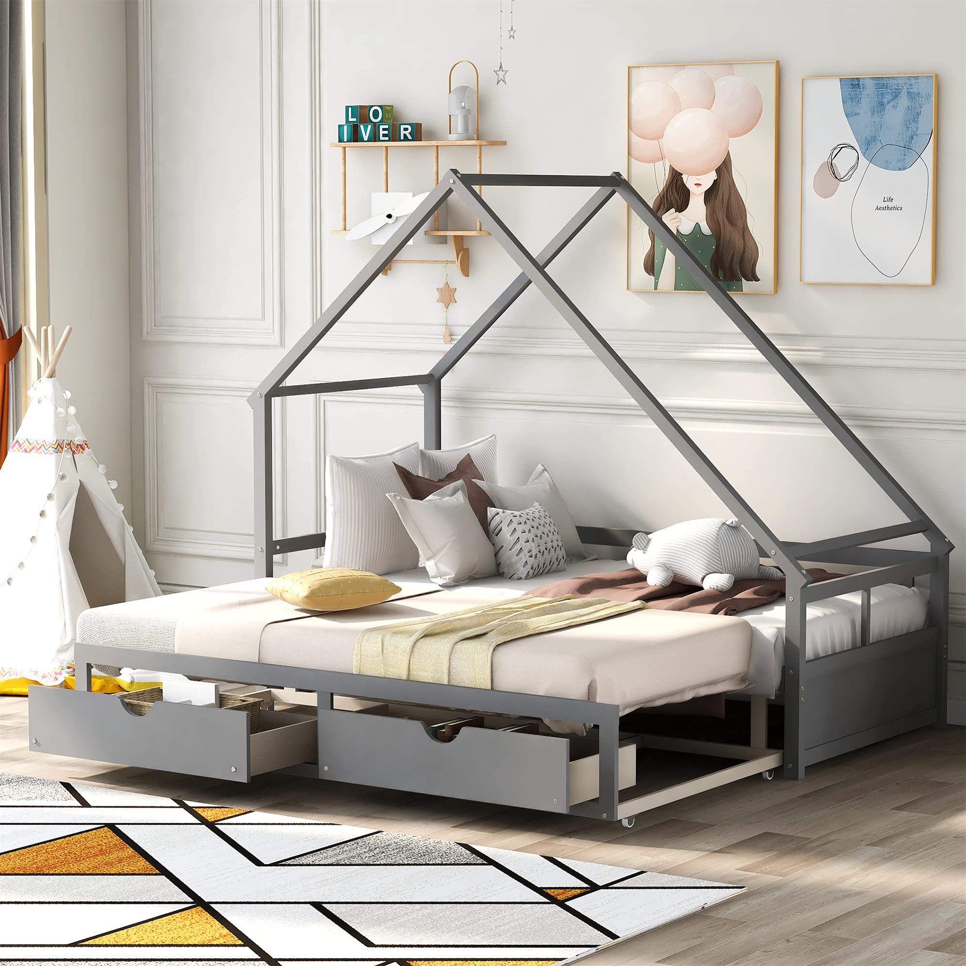 Extendable Daybed with 2 Drawers - Wooden House Bed & Tent Bed, No Box Spring Required, Gray - Perfect for Kids' Bedroom, Playroom, or Guest Room