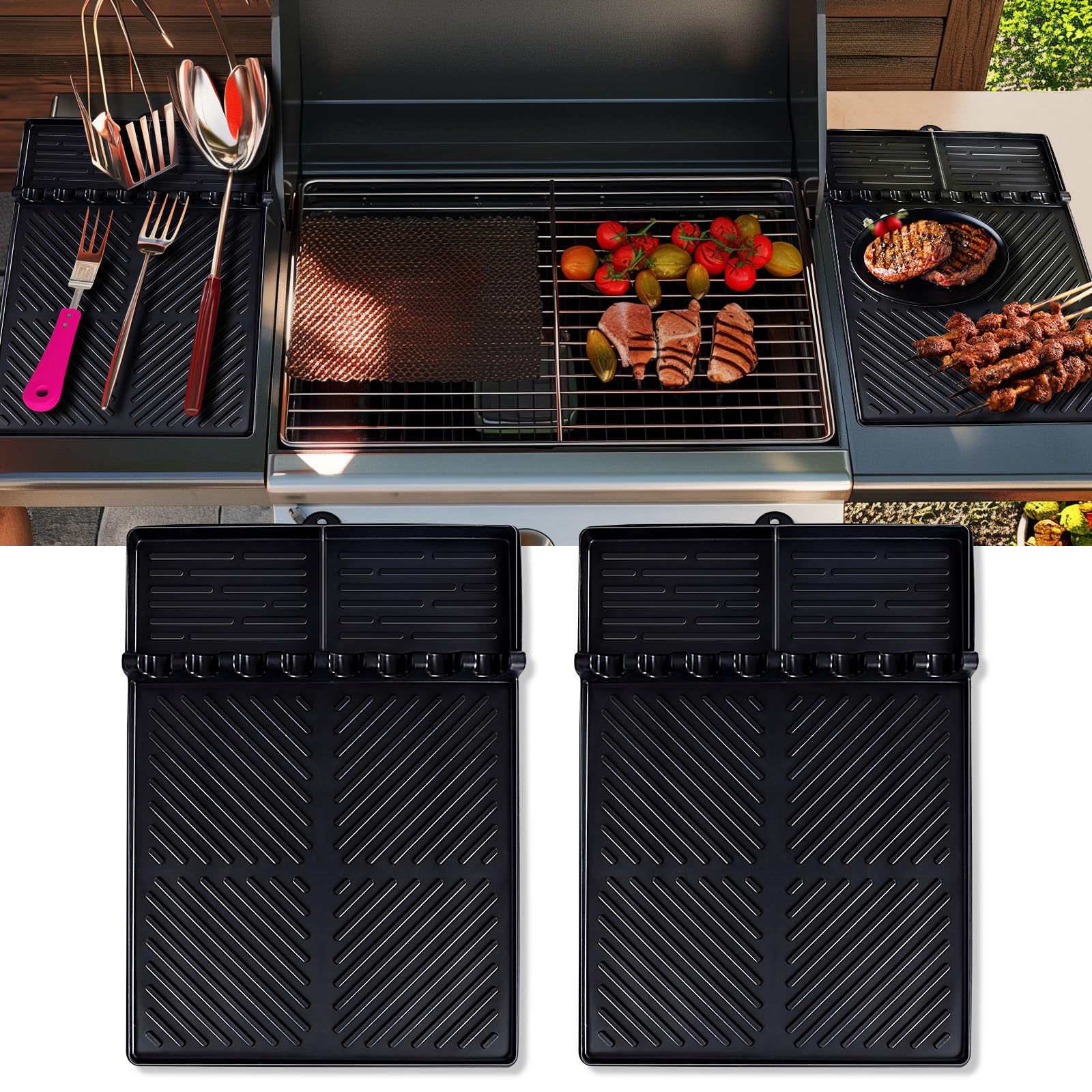 2PCS Large Silicone Griddle Tools Mat Set - Non-Slip Spatula Mat with Drip Pad, Heat-Resistant BBQ Grill Accessories (16×11.5 Inch) for Outdoor Cooking, Camping & Backyard Parties