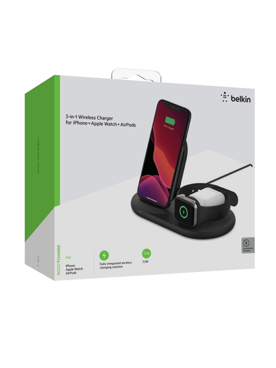 Belkin Qi Wireless Charging Stand 7.5W - 3-in-1 Fast Charger for iPhone, Samsung & AirPods - Black | Perfect for Home, Office & Nightstand Charging