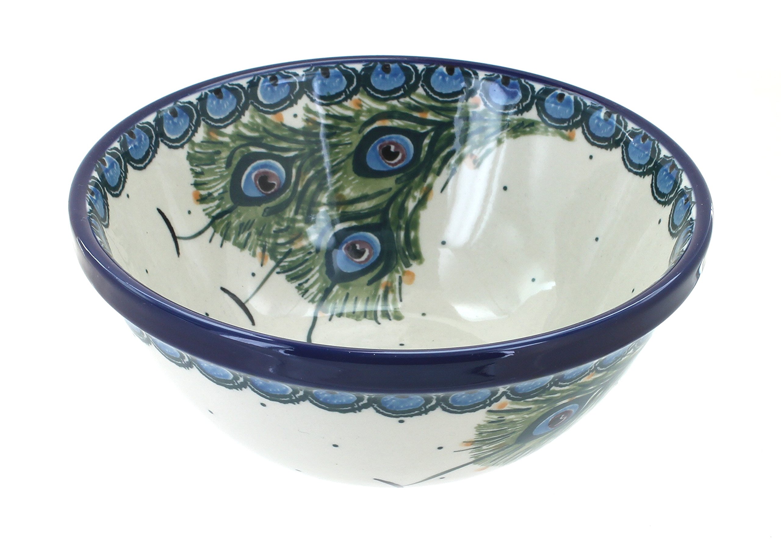 Handmade Blue Rose Polish Pottery Bowl with Peacock Feather Design - Ceramic Soup & Cereal Bowl for Dining, Kitchen Decor, Gift Idea