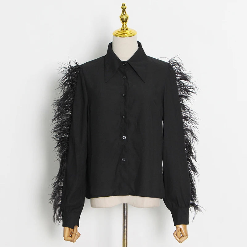 Black Patchwork Feather Shirt for Women - Elegant Lapel Long Sleeve Minimalist Blouse | Casual Office Wear & Evening Outfits