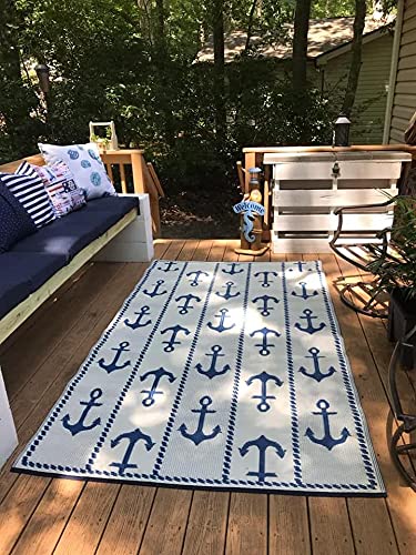 Mad Mats Reversible Outdoor Rug - 6' x 9' Blue/White Plastic Mat for Patio, Deck, Porch, Kitchen & Bathroom - Perfect for Outdoor Entertaining, Poolside Lounging & Indoor High-Traffic Areas