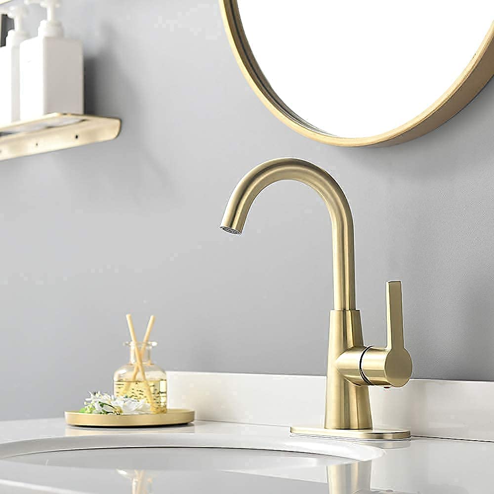 Brushed Gold 4 Inch Center Bathroom Sink Faucet with Deck Plate & Supply Hoses - Bar Sink Faucet & Pre-Kitchen Faucet by Phiestina | Perfect for Small Bathrooms, Wet Bars & Prep Sinks